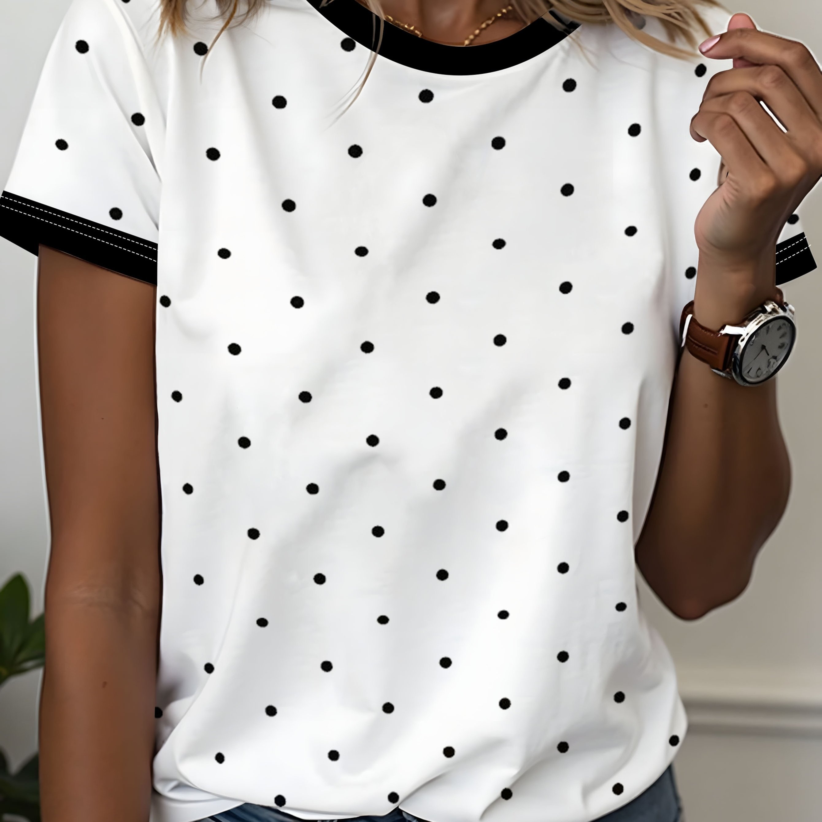 TEMU French Retro Polka Dot Contrast Trim T-shirt, Women's Classic Round Neck Short Sleeve Design, Loose Versatile Casual Top, Ladies T-shirt
