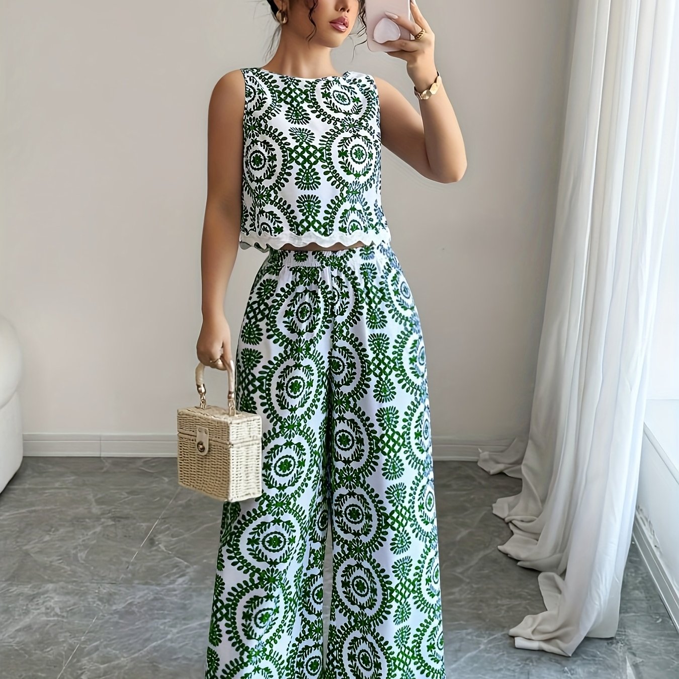 TEMU Stylish And Elegant 2pcs Set: Women's Sleeveless Round Neck Top With Plant Pattern Pants For Spring, Summer, And Autumn