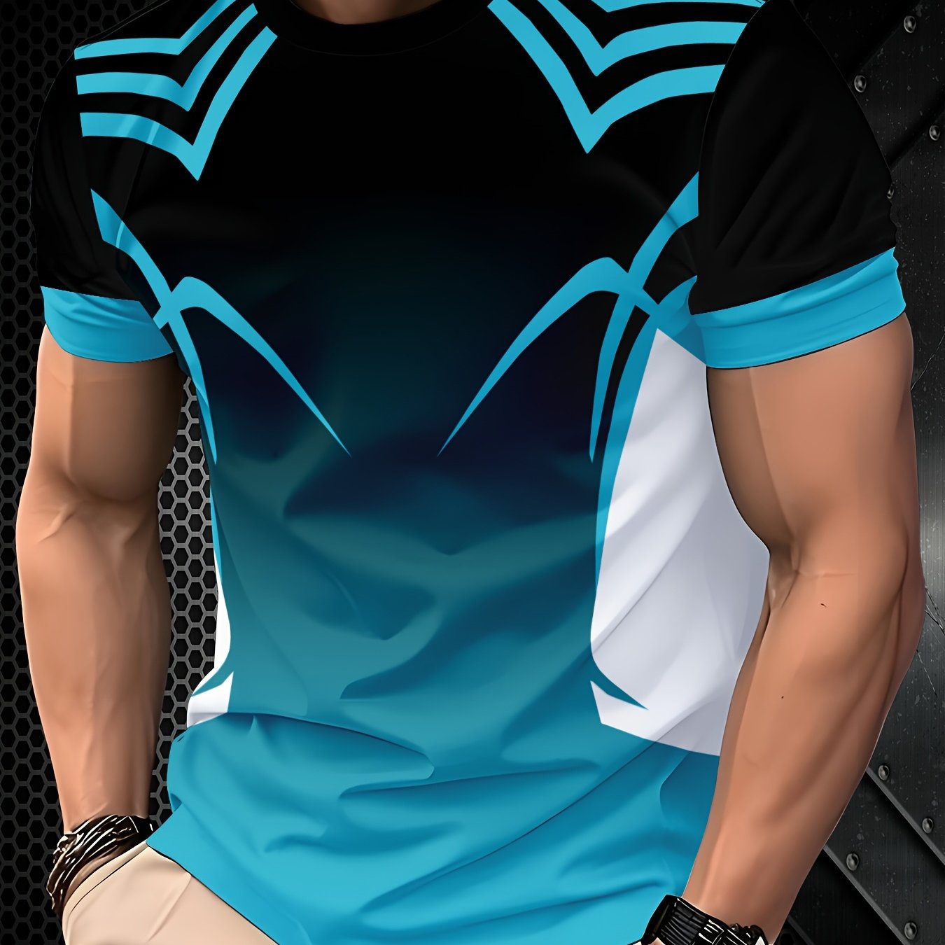 TEMU Trendy Summer T-shirt With Color- Short Sleeves, Featuring A Black And Blue . This Comfortable And Versatile Round-neck T-shirt Showcases A