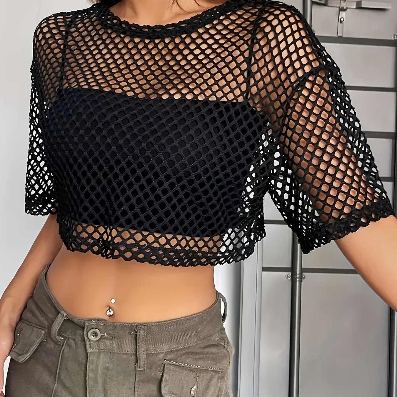 Image of Women's Vibrant Pink Mesh Crop Top - Hollow Out Design, Short Sleeve, Stretchy & Breathable For Casual Or Sporty Wear, Top | Trendy Women's Top | Lightweight Top