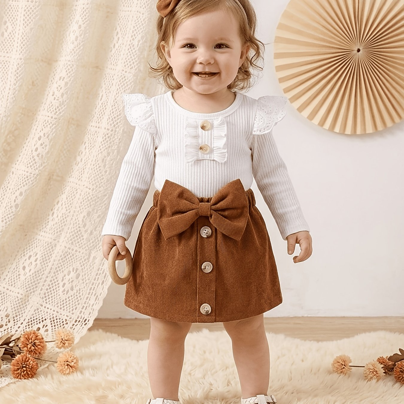 3pcs Infant Solid Long Sleeve Button-decor Bodysuit And Bow- Skirt Set With Hairband, Spring/autumn, For Outdoor