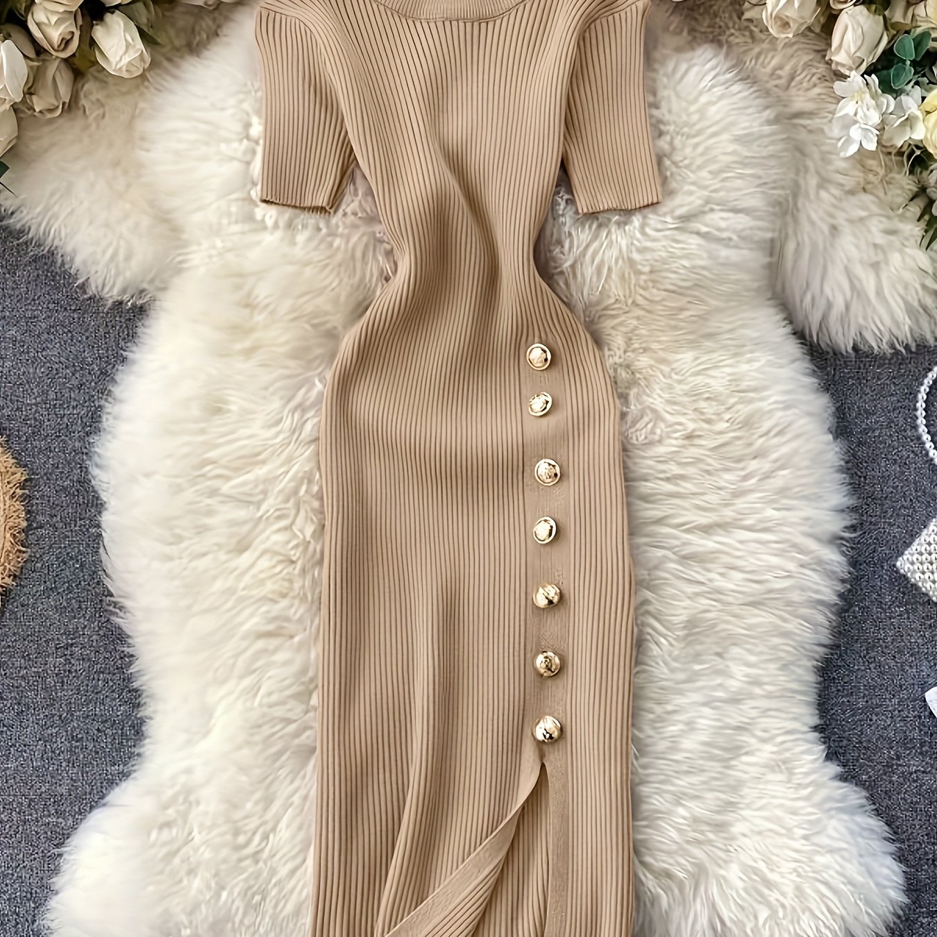 New Over-the-knee Bodycon Stretch Skirt With Slit, Statement Button Design, Round Neck, And Short Sleeves