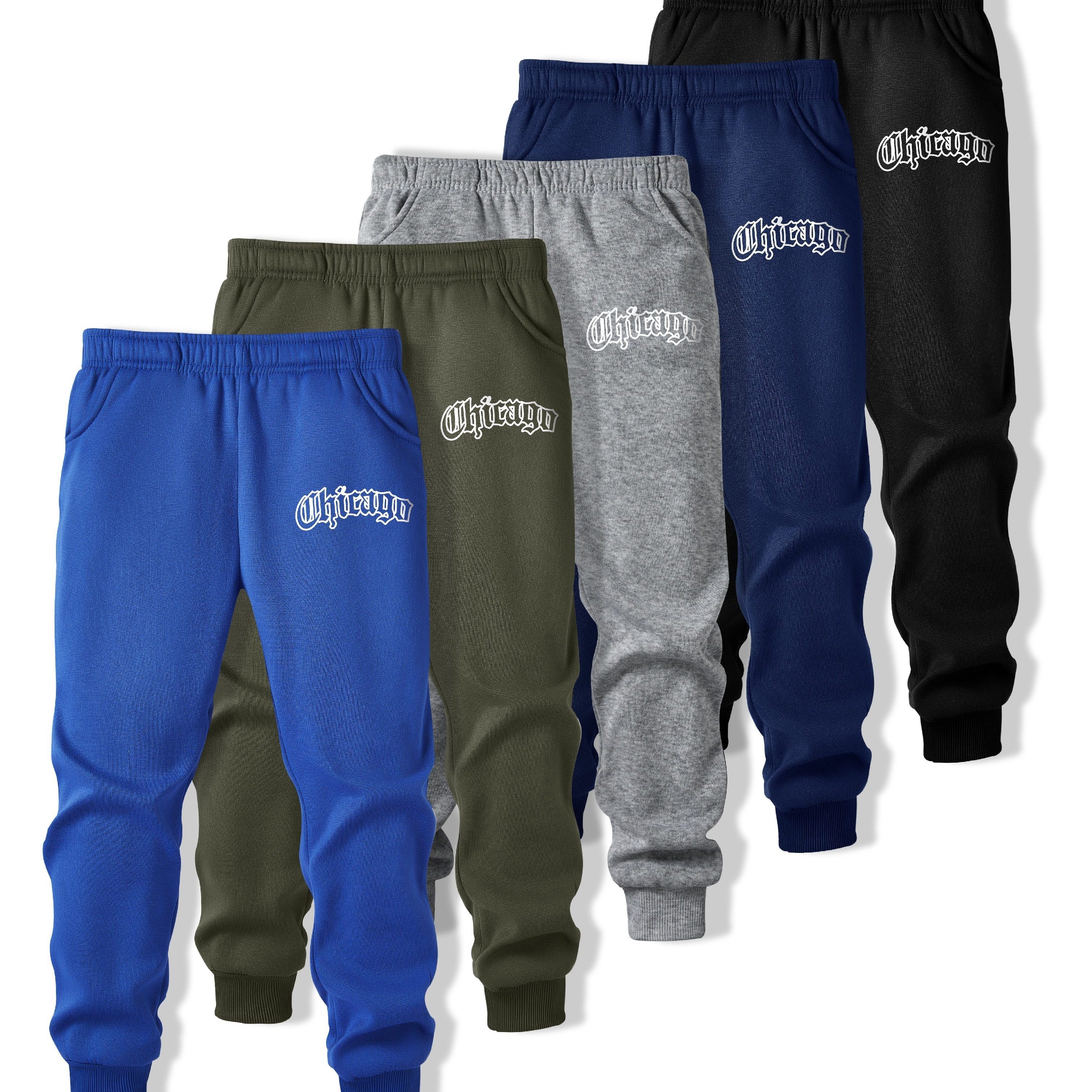 Image of 5-pc Boys' Print Trousers - Chicago Letter Print, Casual Versatile Fall Winter Solid Color Long Pants, Elastic Waist Joggers, Athletic Pants Multi-pc Gift, Suitable For Fall Winter, For Outdoor