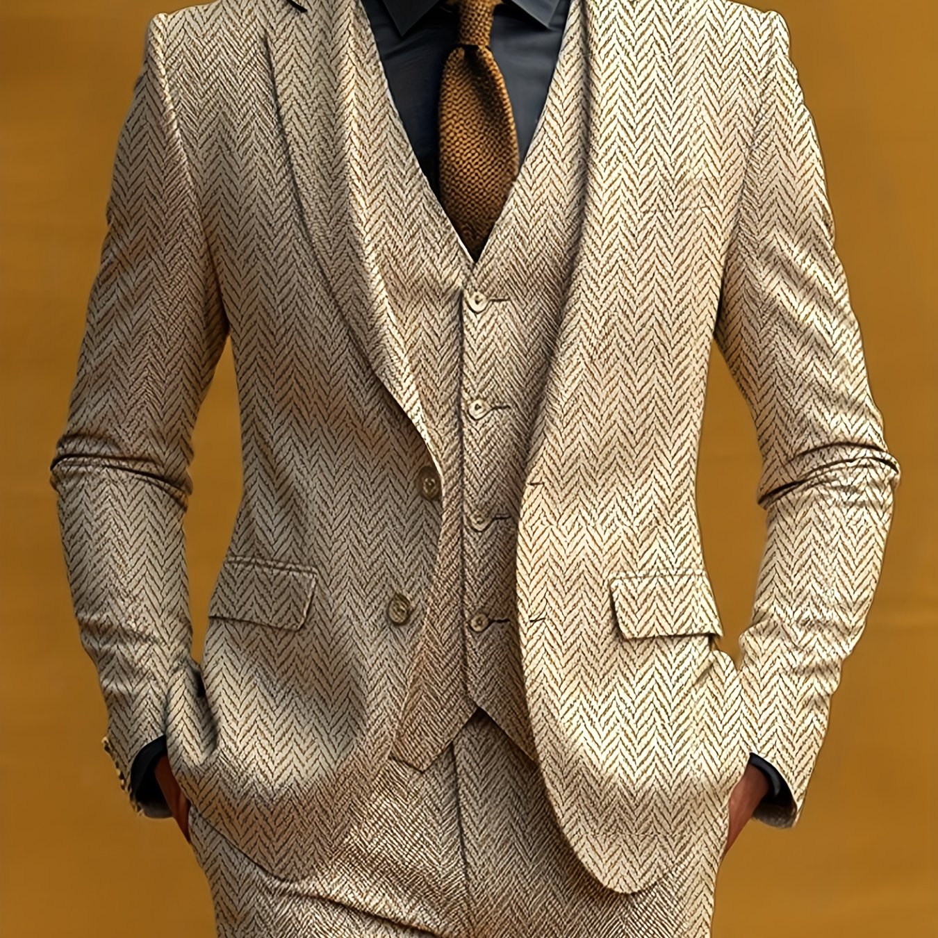 TEMU Men's High-end Three-piece Suit: Elegant Solid Color Formal Attire, Long Sleeve, Button-up, Lapel Collar. Includes A Jacket, Pants, And Vest.
