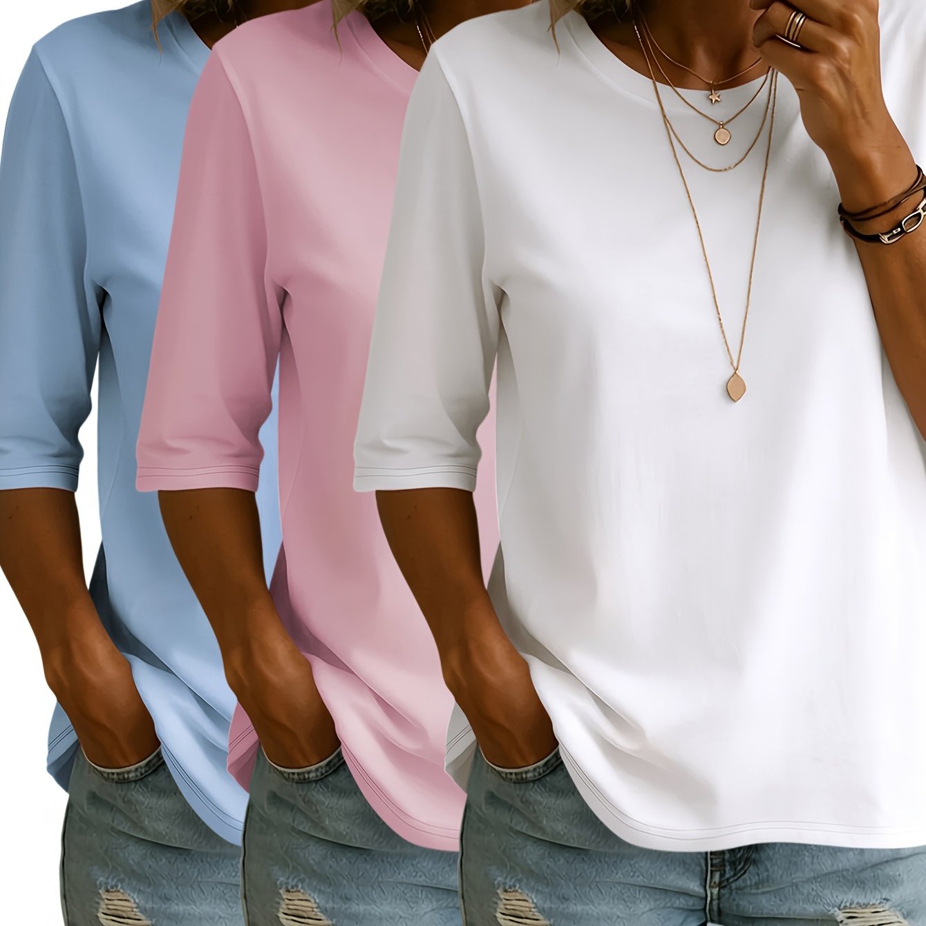 TEMU 3pcs Set - Women's Fashion Spring Summer New Style, Easy , Solid Color Round Neck 3/4 Sleeve, Loose Casual Top Base T-shirt, Daily And Date,
