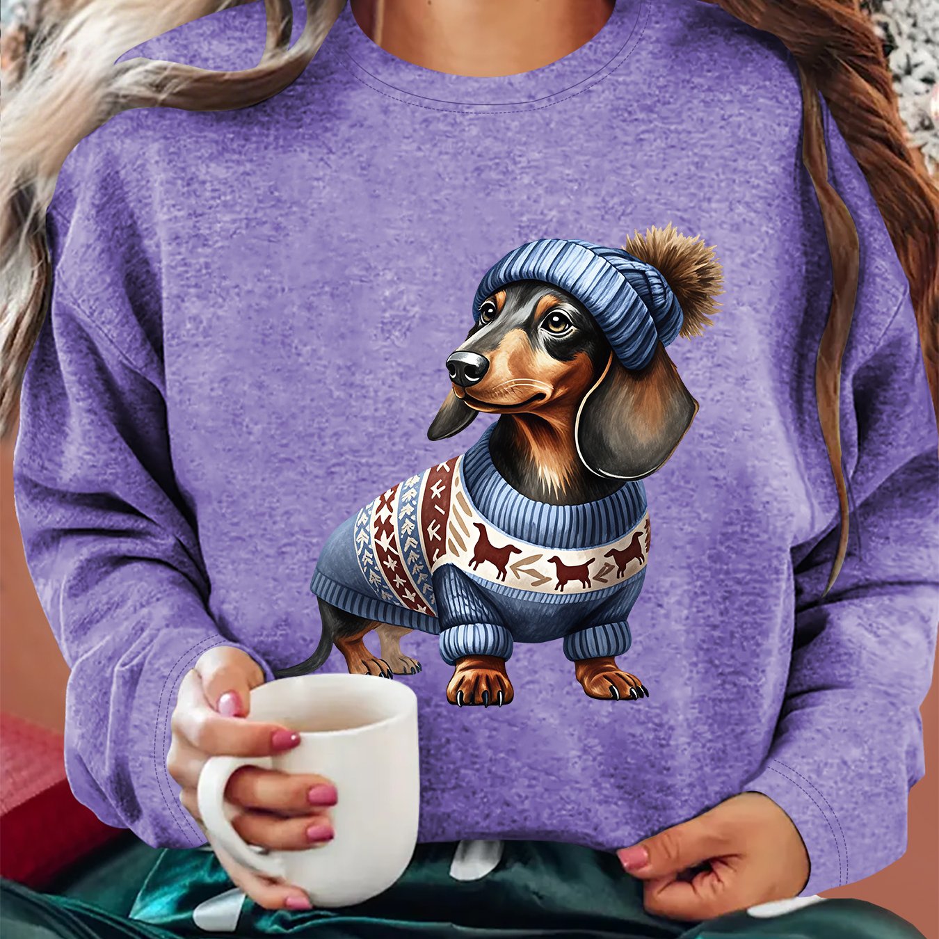 TEMU [2026 Women's Refresh] Women's Autumn/winter Clothing, Blue Sweater With Hat And Sausage Dog Print Round Neck Long Sleeve T-shirt, Inner And