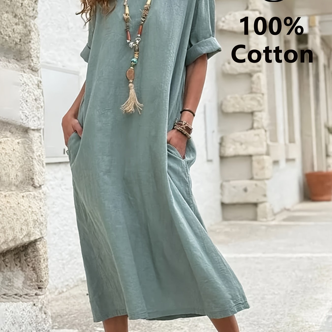 Image of Women's Boat Neck Short Sleeve Dress, Pure Comfortable Simple Elegant Dress