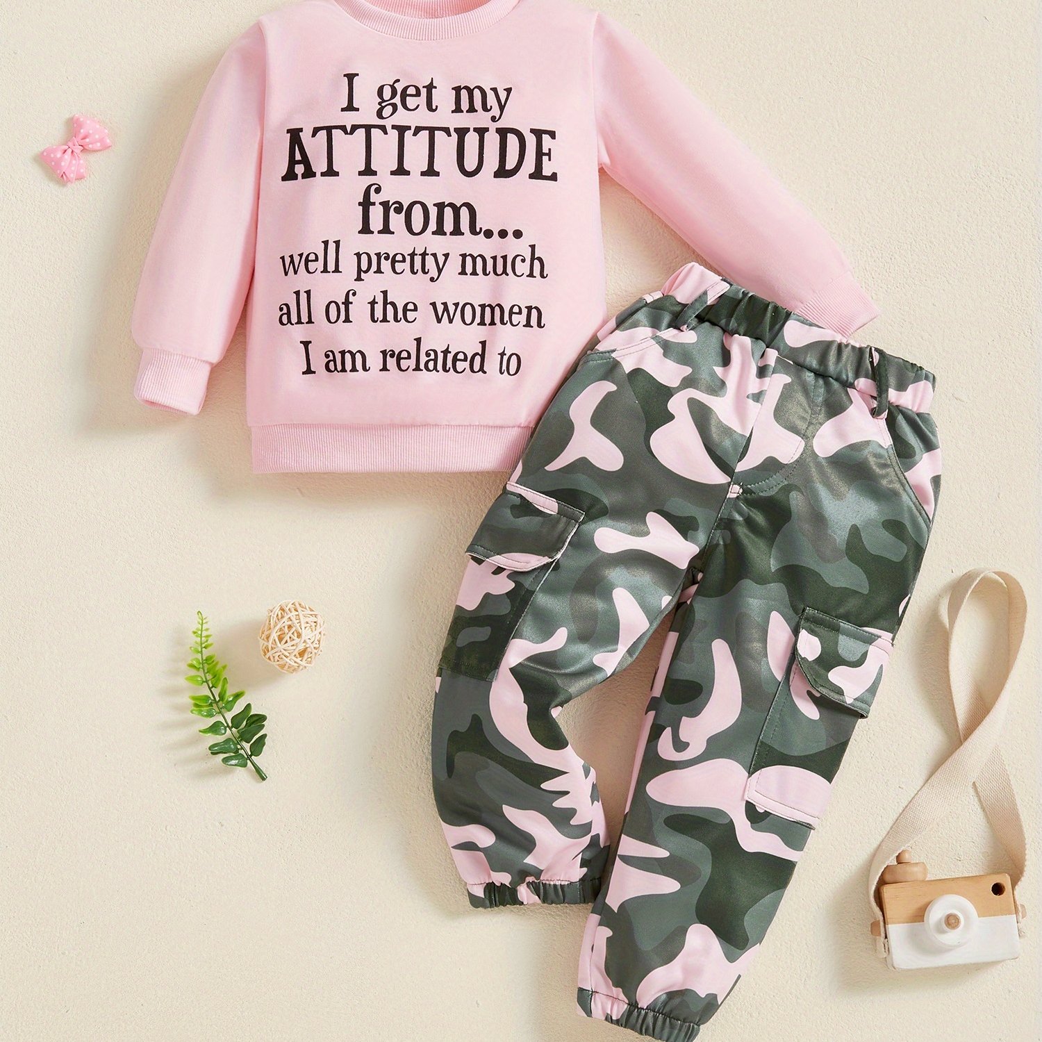 TEMU Toddler Baby Girls' 2pcs Winter Outfit Set - Letter 's' Print Sweatshirt & Stretch Camo Pants, Warm Matching Clothes For ,, Family Photos |