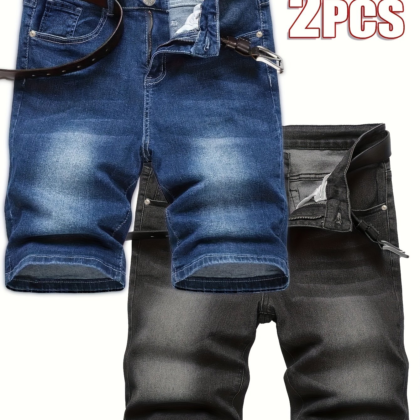 Two-pack Men's Denim Shorts, Casual Beach Summer, Drawstring Waist, Loose Fit