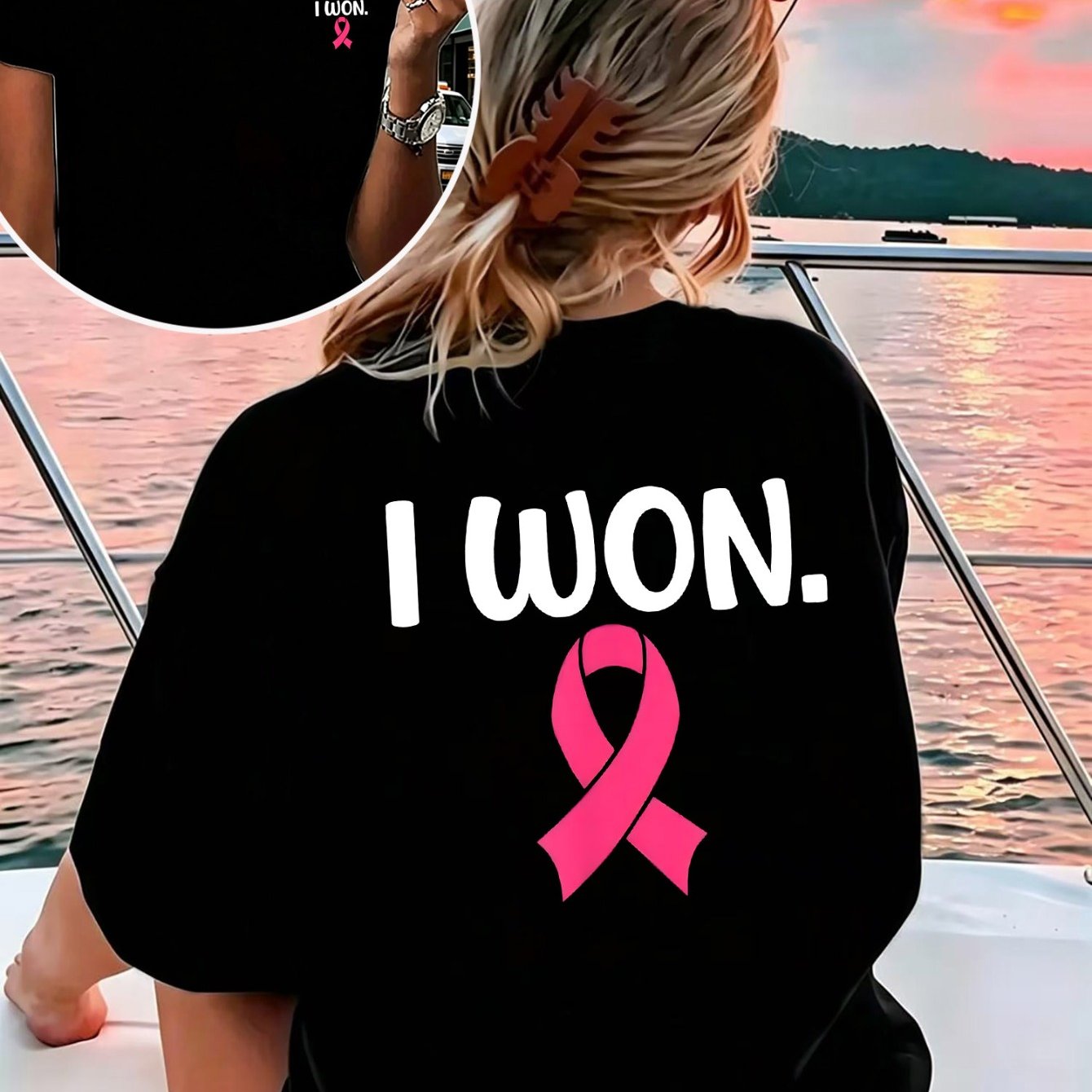 TEMU Womens Casual Sport Crew Neck T-shirt, Back Won. With Pink Ribbon Symbol, , Ideal For Breast Awareness, Color,, Stylish Empowering Design.