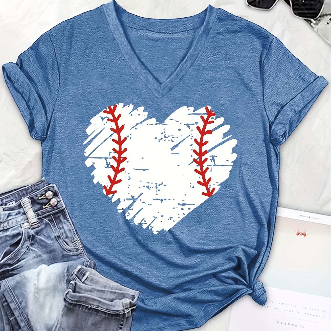 TEMU T-shirt d'été à manches courtes et col en V avec imprimé cœur sur le thème du baseball