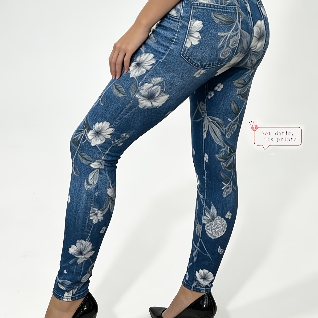 TEMU [printed Pants - Not Denim Fabric] Printed Pants - Not Denim Fabric, High-waisted, High-stretch, Denim, Printed Skinny Long Pants/leggings