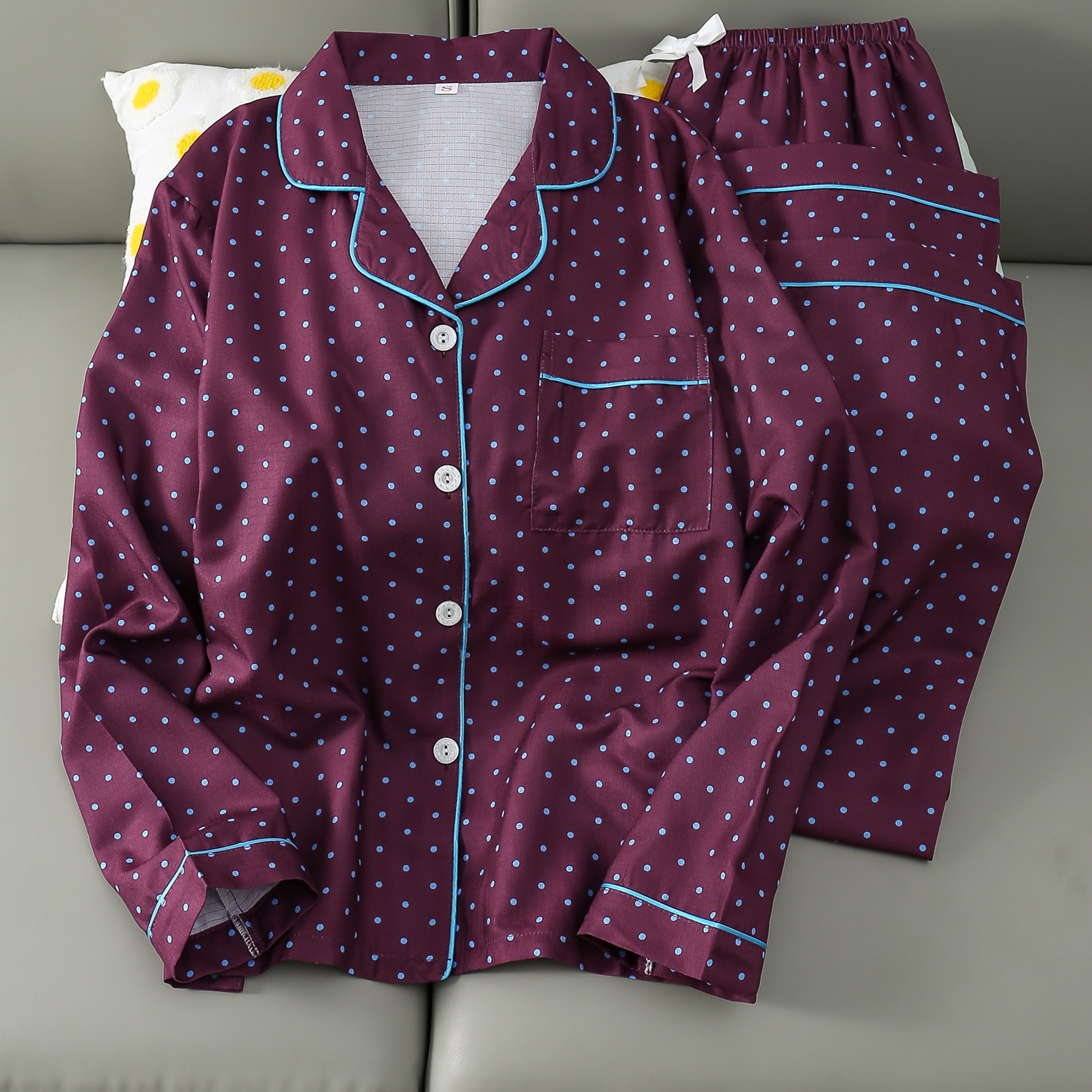 TEMU Women's Chestnut Mini Polka Dot Print Pajama Set, Long Sleeve Cardigan And Elastic Waistband Pants, Comfortable Sleepwear And Casual Loungewear