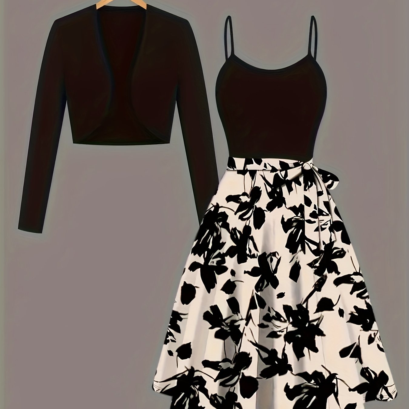 Elegant floral print dress and cardigan two piece set in a polyester blend The dress and cardigan feature long sleeves and a mid elasticity fabric for all season wear