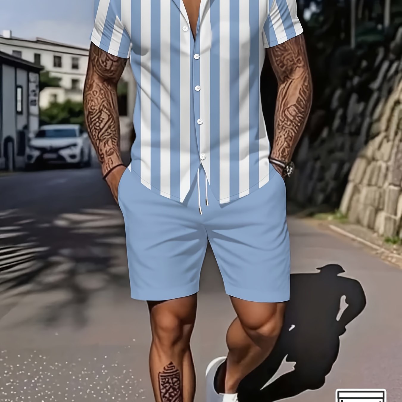 TEMU Men's Casual Shirt And Shorts 2pcs Set, Featuring Trendy Pattern Prints, Suitable For Outdoor , Comfortable And Breathable