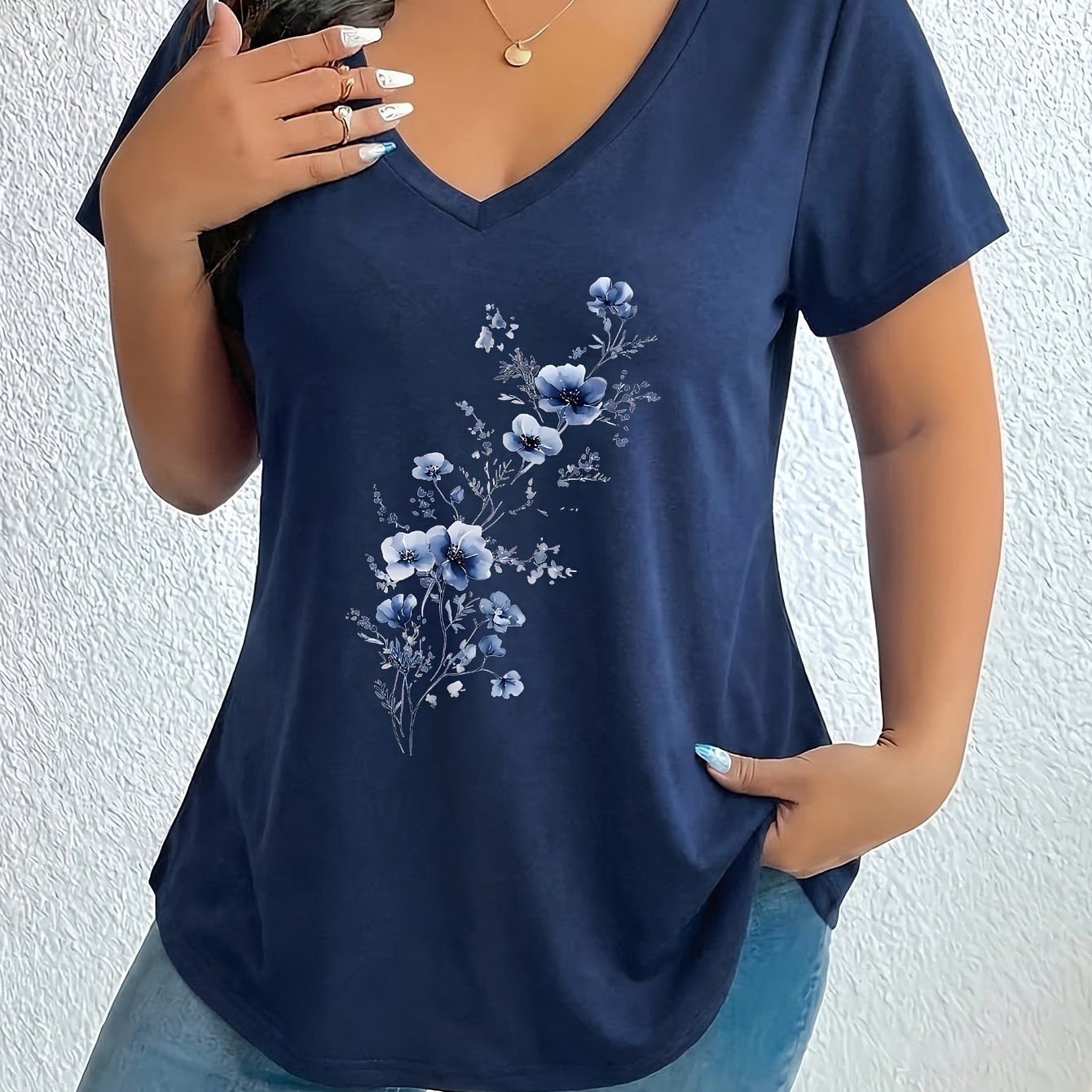 TEMU Plus Size Women's V-neck Solid Geometric Pattern T-shirt