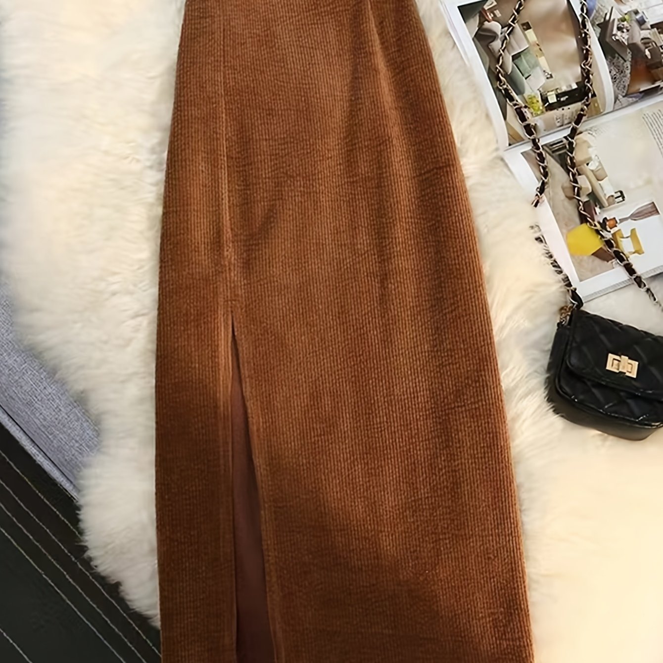 TEMU Women's Autumn Winter Solid Elegant Corduroy Side Slit Half Skirt (belt Not Included)