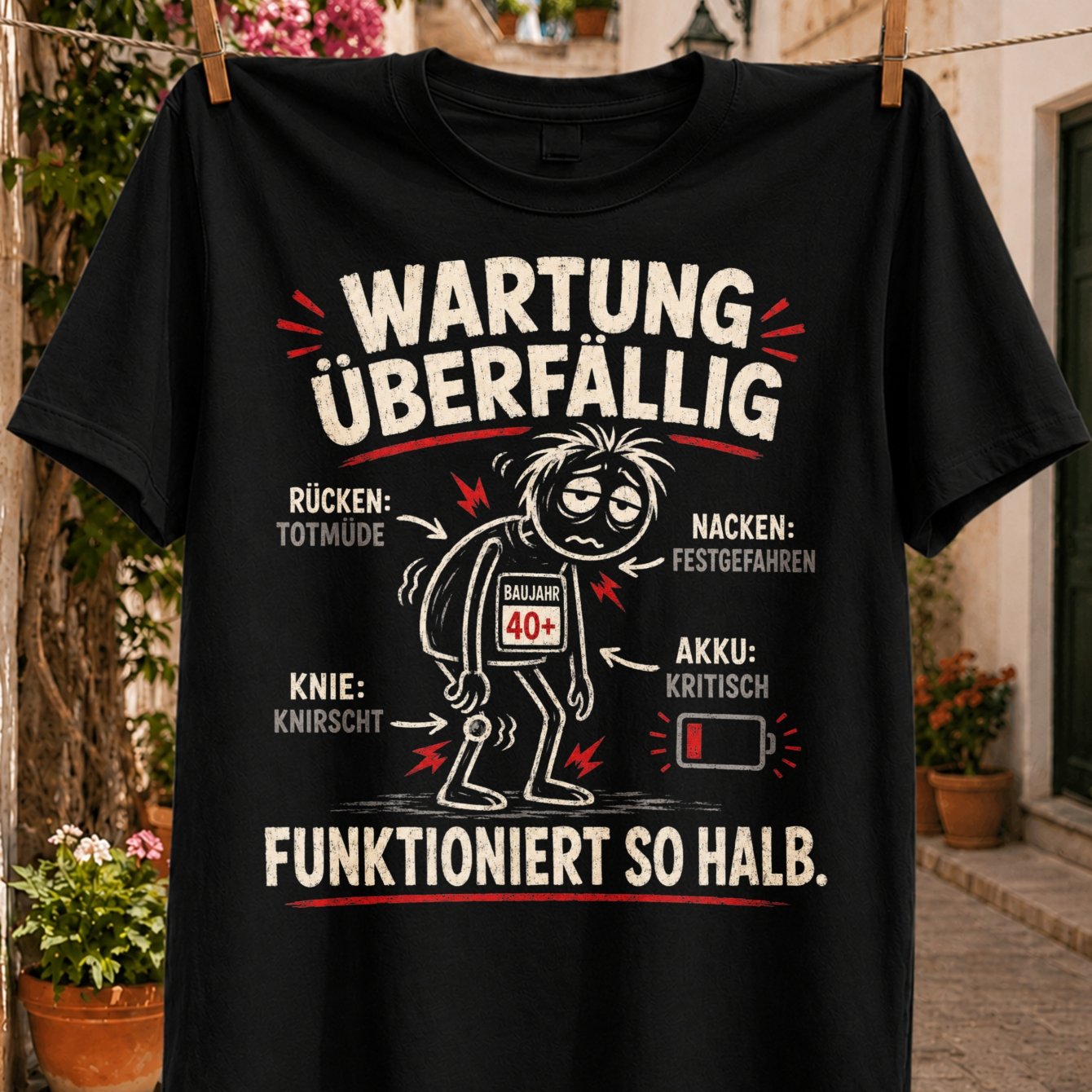 Uberfallig Funktioniert So Halb German Humor Error Cartoon And Back Neck Knee Battery T-shirt Unisex All T-shirt