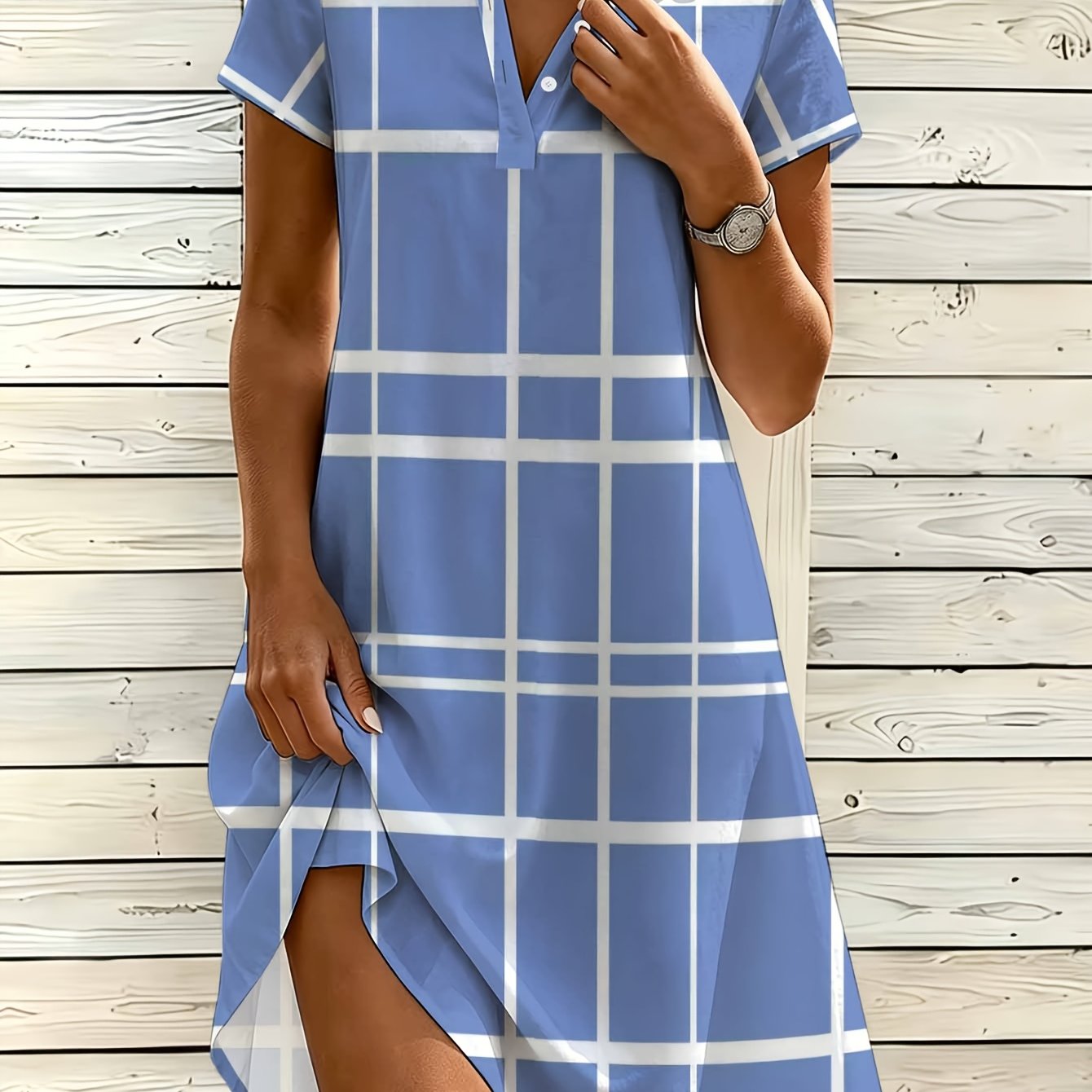 TEMU Plus Size, Women's Fashion Shirt Dress, V-neck Button Dress, Striped Print