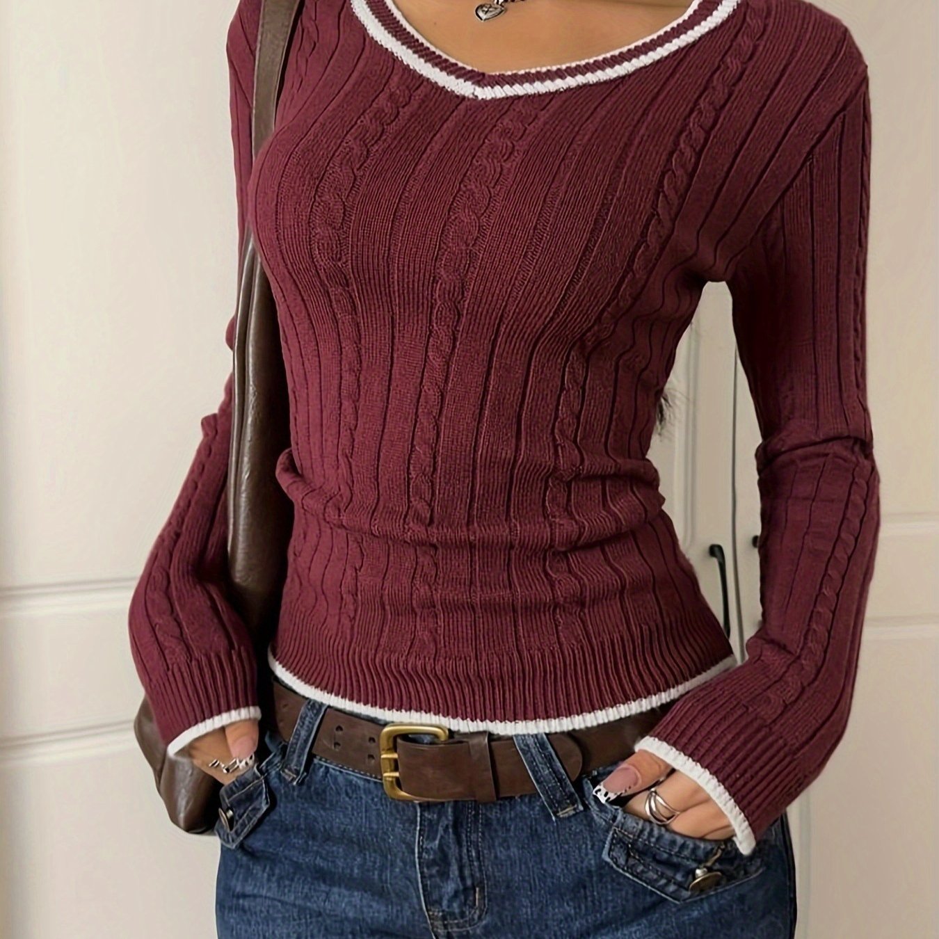 TEMU Women's Casual Maroon Contrast Decor V-neck Long Sleeve Easy Sweater, Casual Daily Wear, Fall Winter Style