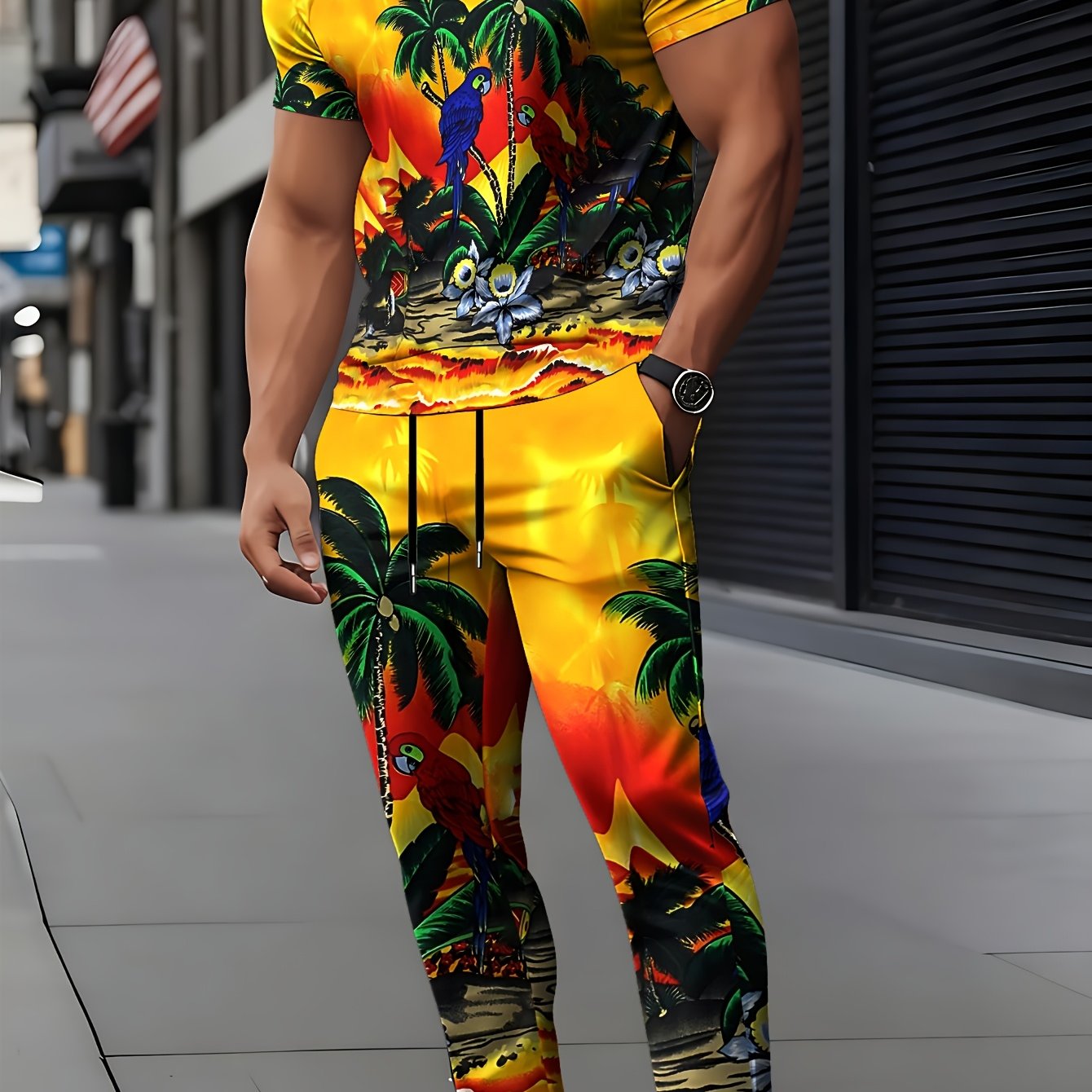 TEMU Men's Printed Short-sleeve T-shirt   Drawstring Pants Set, Casual Sportswear Set, Breathable Outdoor Leisure Men's T-shirt And Pants Set For