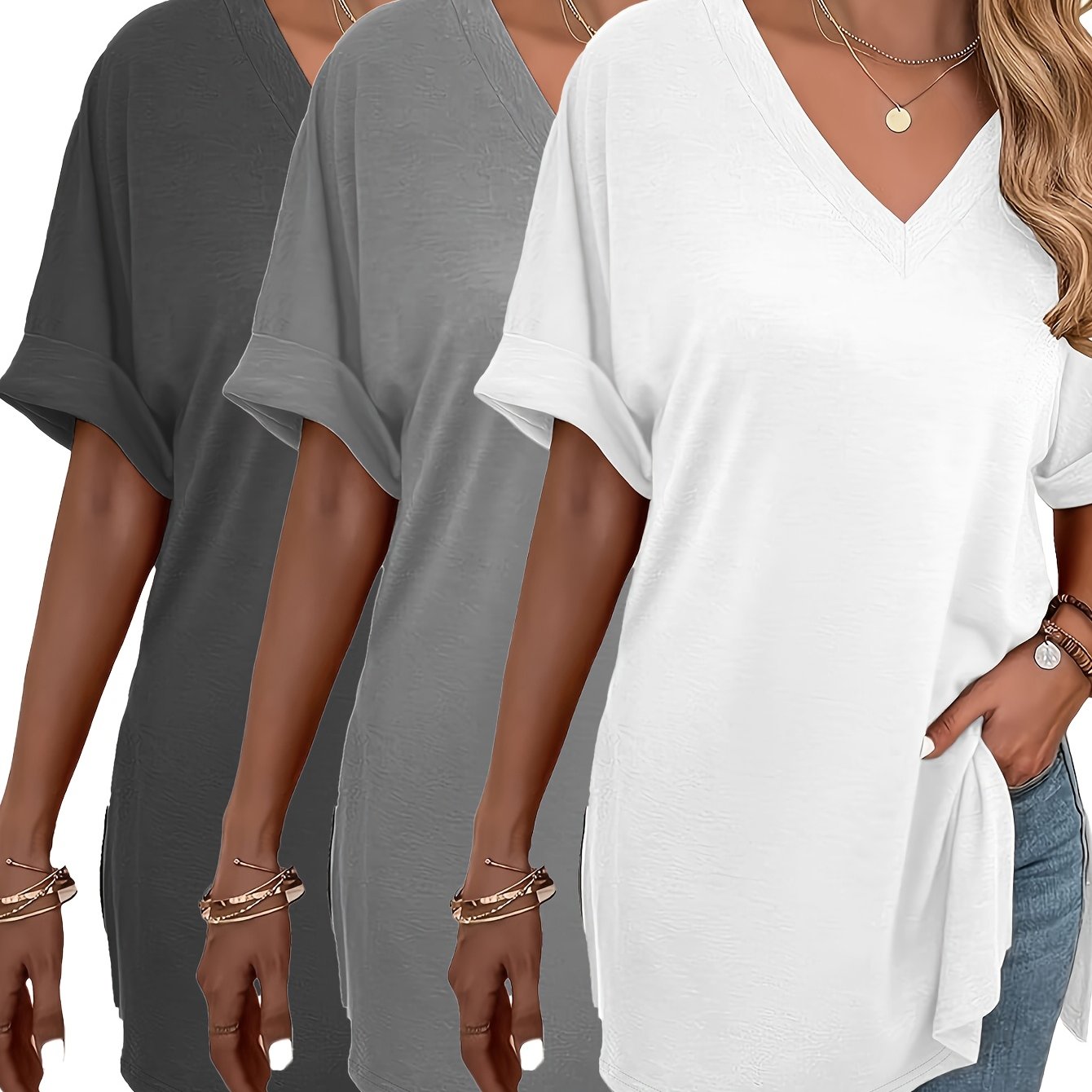 E-shop Plus Size - Plus Size - 3-teiliges Set, Damenmode Frühling Sommer Neue Damenbekleidung, Damen Lockerer T-Shirt mit Seitenschlitz, Einfarbiger