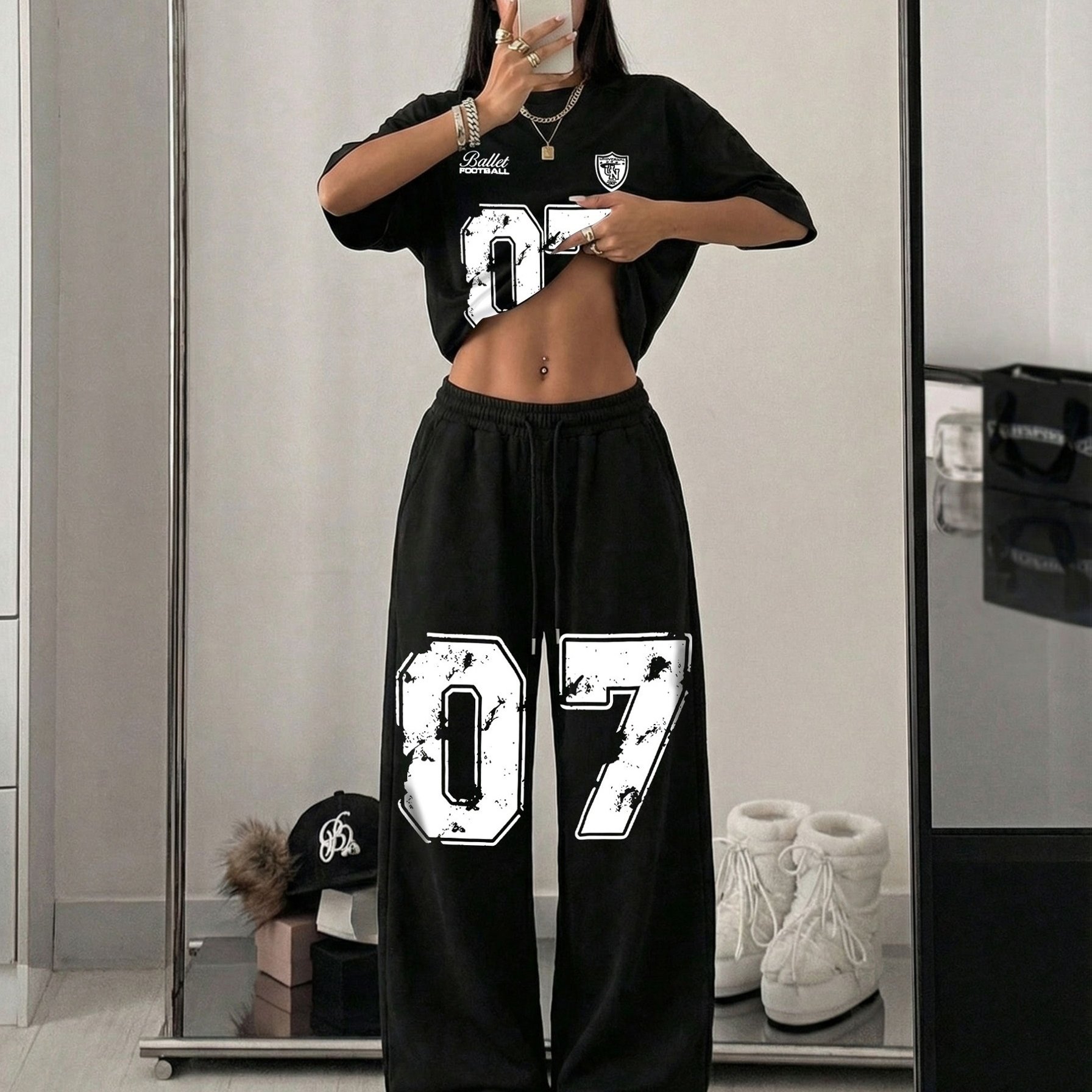 TEMU Women's Casual Streetwear Set '07' Featuring A Printed Round-neck Short-sleeve Top And Loose Drawstring Pants, Perfect For Summer Street Style