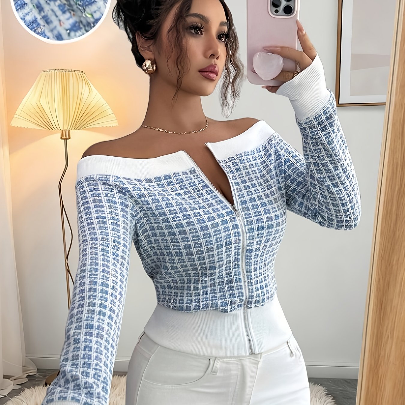 Image of Casual Chic Fashion Stretch -block Off-shoulder Sweatshirt Design, Off-shoulder Waist-defining Long Sleeve Cropped Sweatshirt For Autumn/winter Back-to- Season