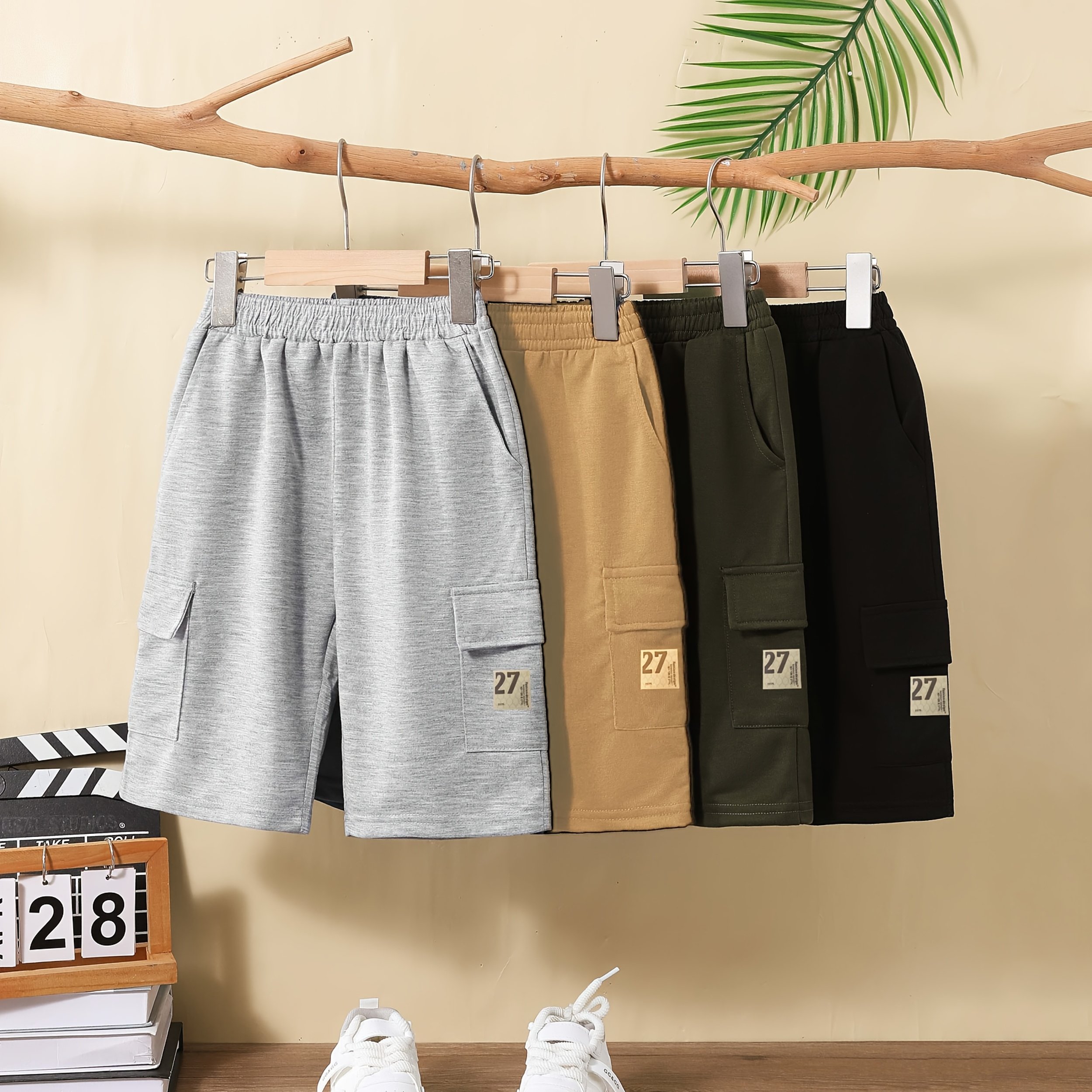 Boys' Four-pack Cargo Pants With Dual Pockets, Knee-length, Perfect For Outdoor