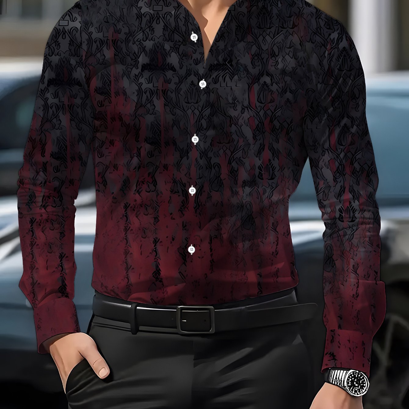TEMU Men's Long Sleeve Shirt, Trendy Print Style, Men's Printed Shirt, Mysterious , Men's Shirt, Dark Red Gradient, 3d Casual Shirt For Men, Soft And