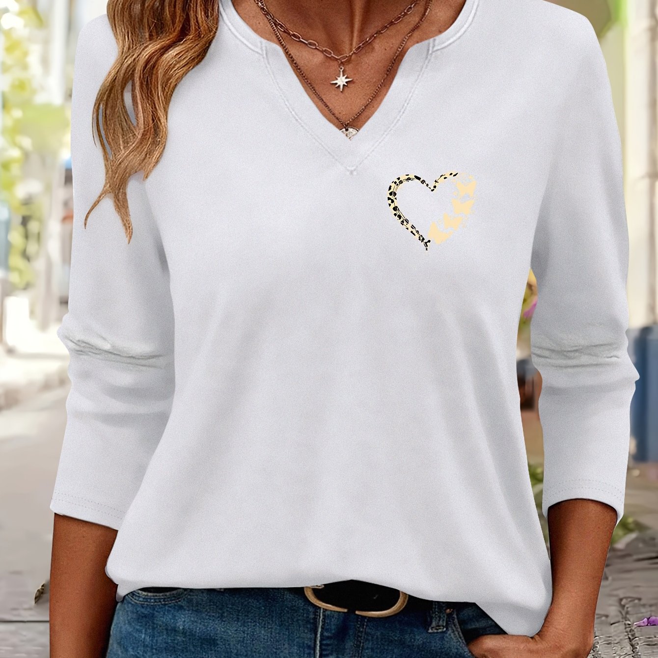 TEMU Heart Pattern Printed Three-quarter Sleeve T-shirt 1068 - Casual V-neck, Knit Fabric, Medium Stretch, Regular Fit, All , Applique Detail, No Chest Pad, 180g/m² Fabric Weight