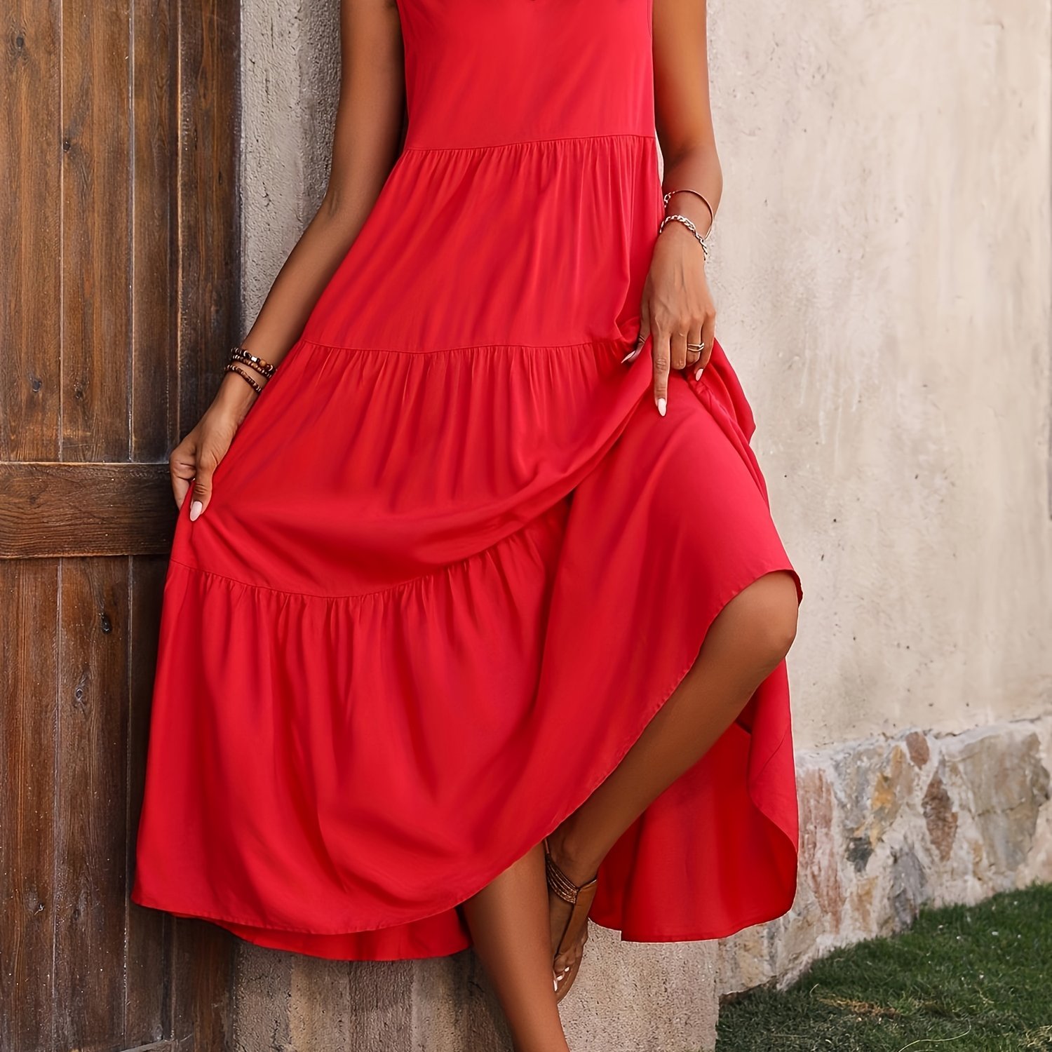 Elegant Holiday V-neck Layered Hem Loose Dress