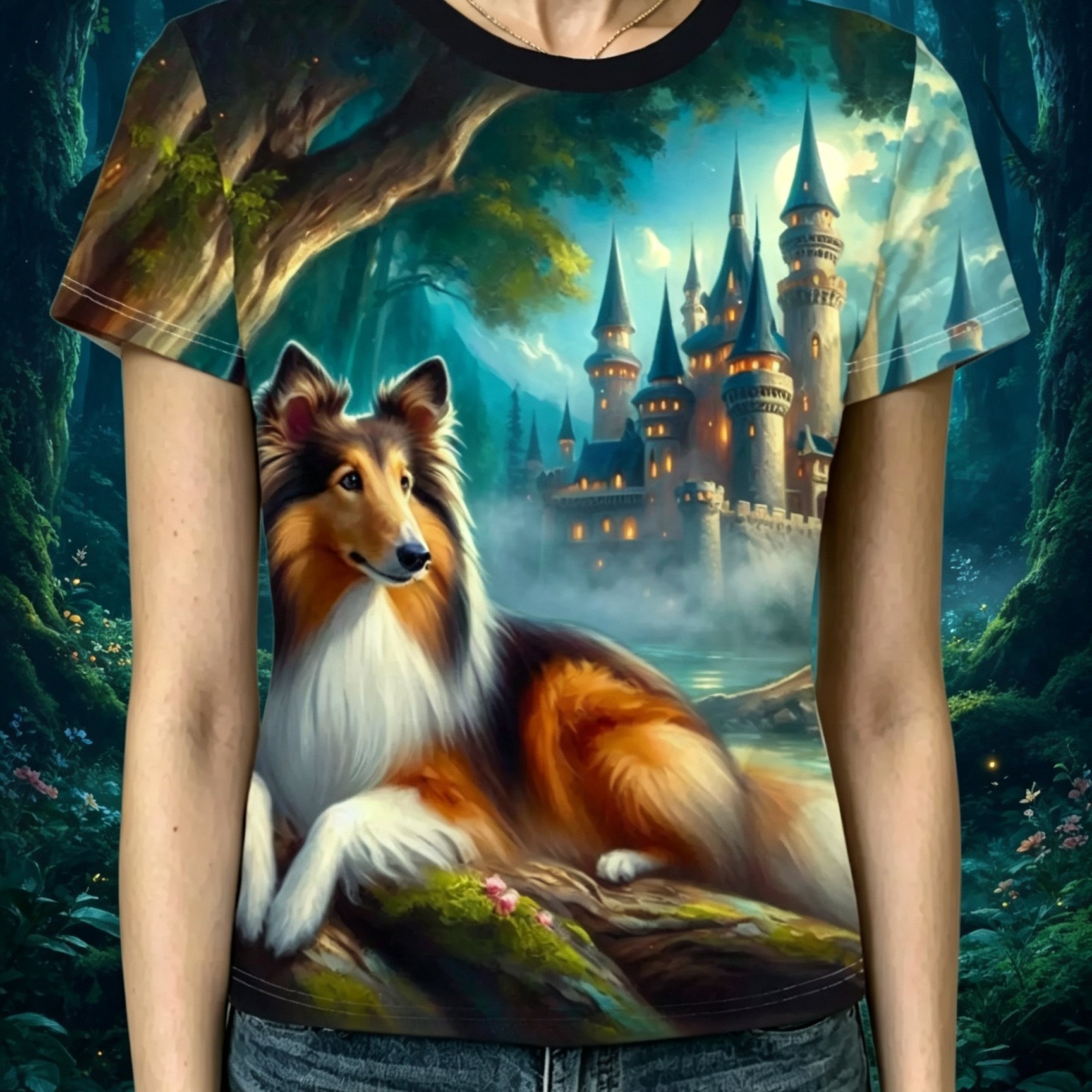TEMU Women's Short-sleeve T-shirt Suitable For Daily Outfits & Homewear - Shepherd Dog & Moonlight Castle Print Round Neck -compatible Top | Machine