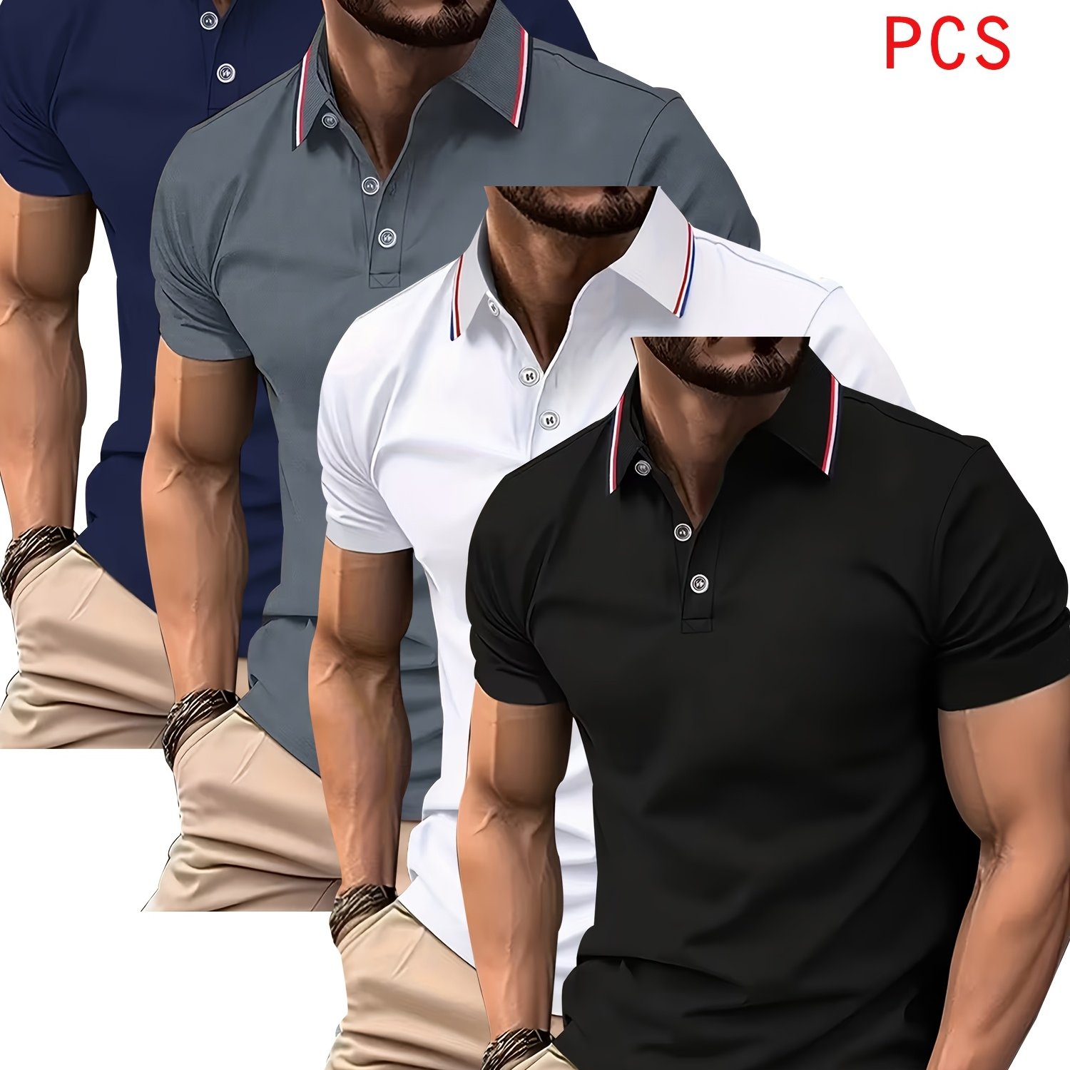 TEMU Striped Shirt Set Of 4, Red, White, And Blue Contrasting Stripes With Three-button Collar, Breathable Quick-dry Golf Casual Shirt, Lightweight