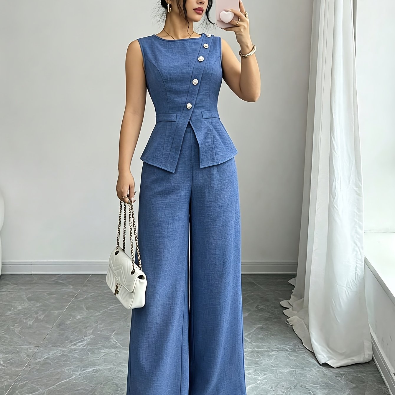TEMU Asymmetric Neckline, , Sleeveless, Cinched Waist Design, Decorative Pockets; With Wide-leg Pants. An Elegant And Casual 2pcs Set, Suitable For