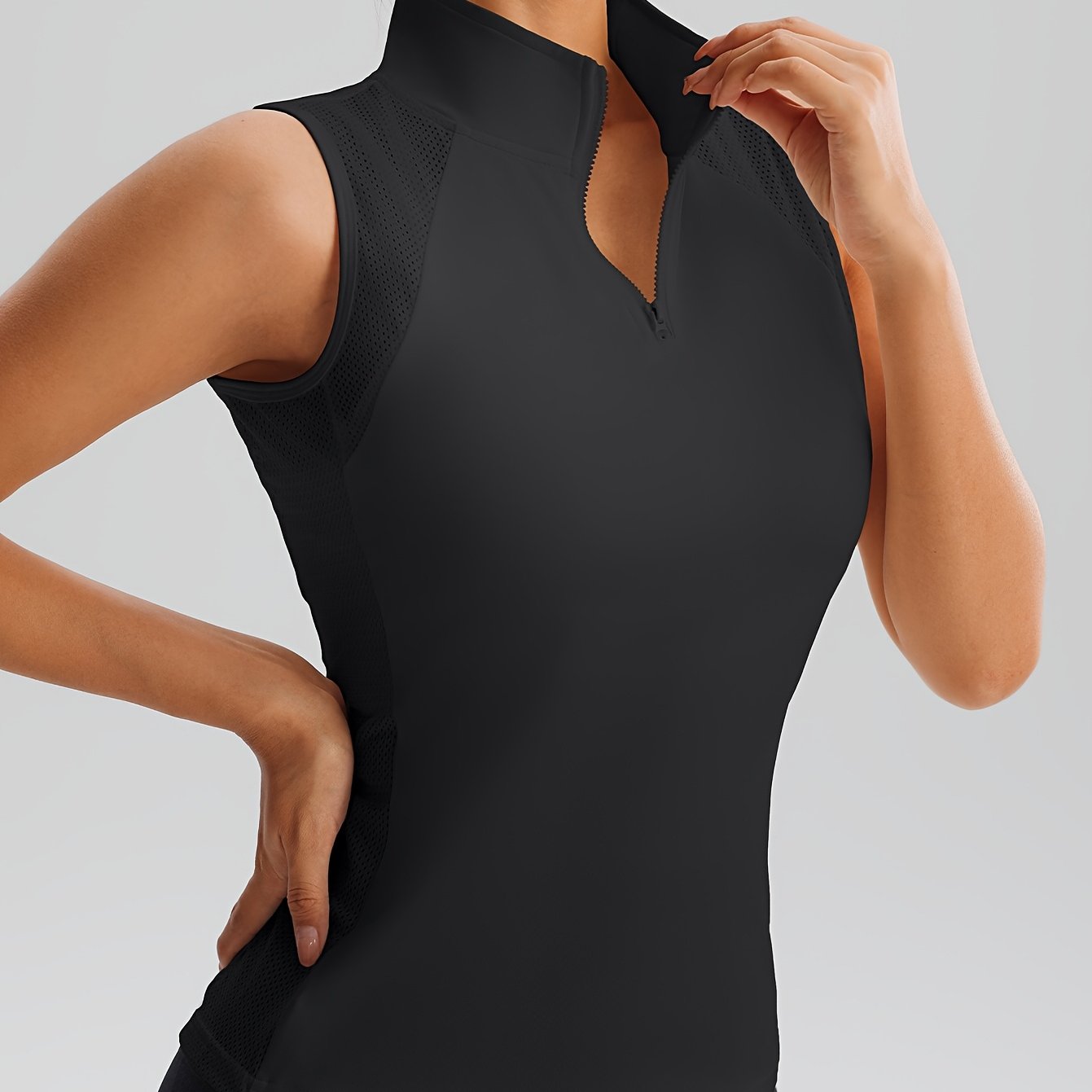 E-shop Atmungsaktives Damen-Tennis-Top ohne Ärmel mit Halb-Reißverschluss – Stehkragen Mesh Workout-Shirt, Hochelastisches Slim-Fit Yoga-Oberteil für