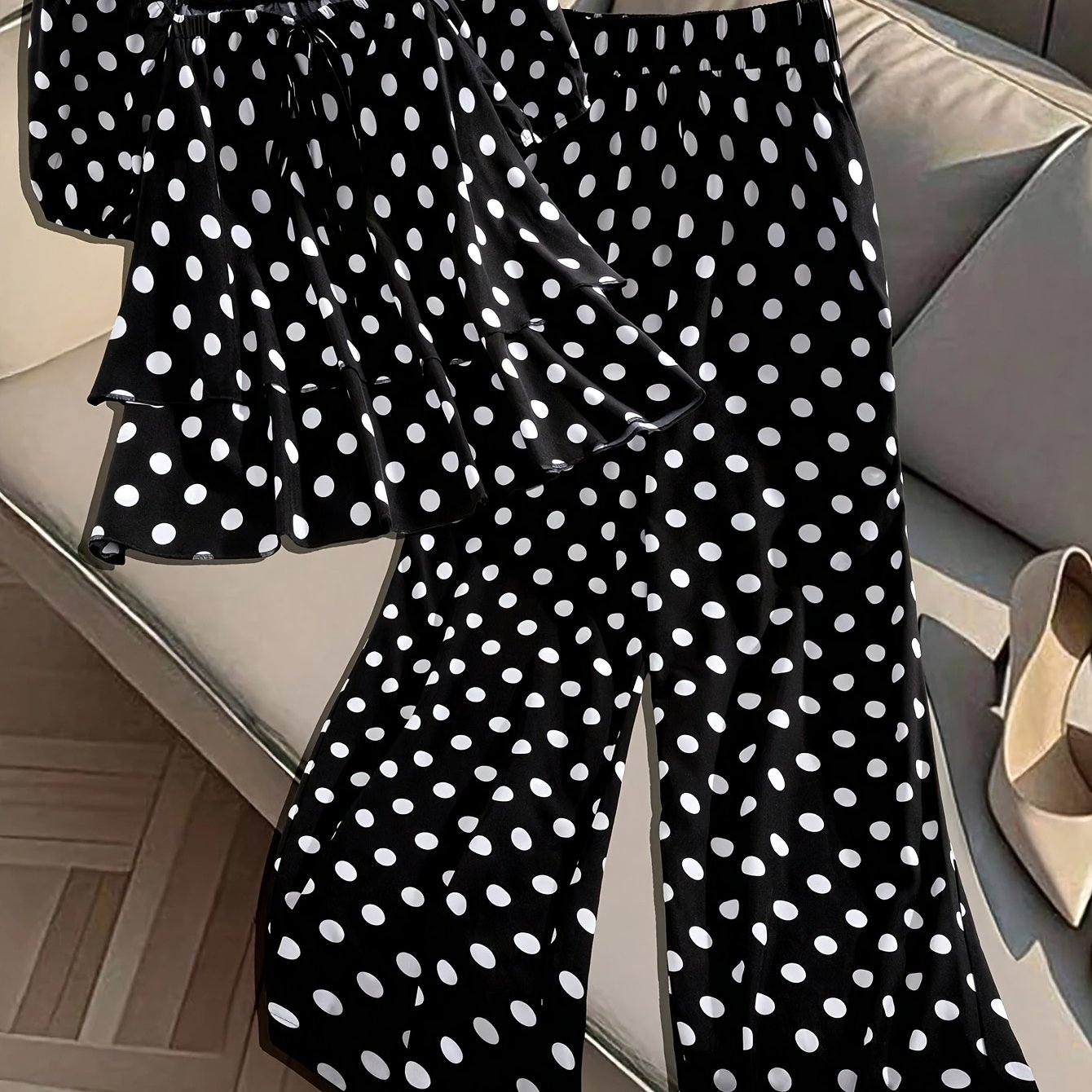 TEMU Plus Size Women's Vintage Polka Dot French Collar Puff Sleeve Shirt And Elastic Waist Loose Long Pants 2pcss Set, Romantic Sweet Date , Spring