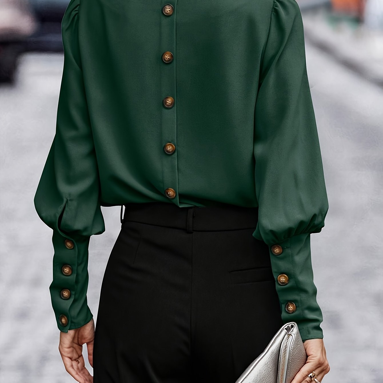 Image of Spring/autumn Fashion New Women's Top, Elegant Solid Color Decorative Button Round Neck Long Sleeve T-shirt