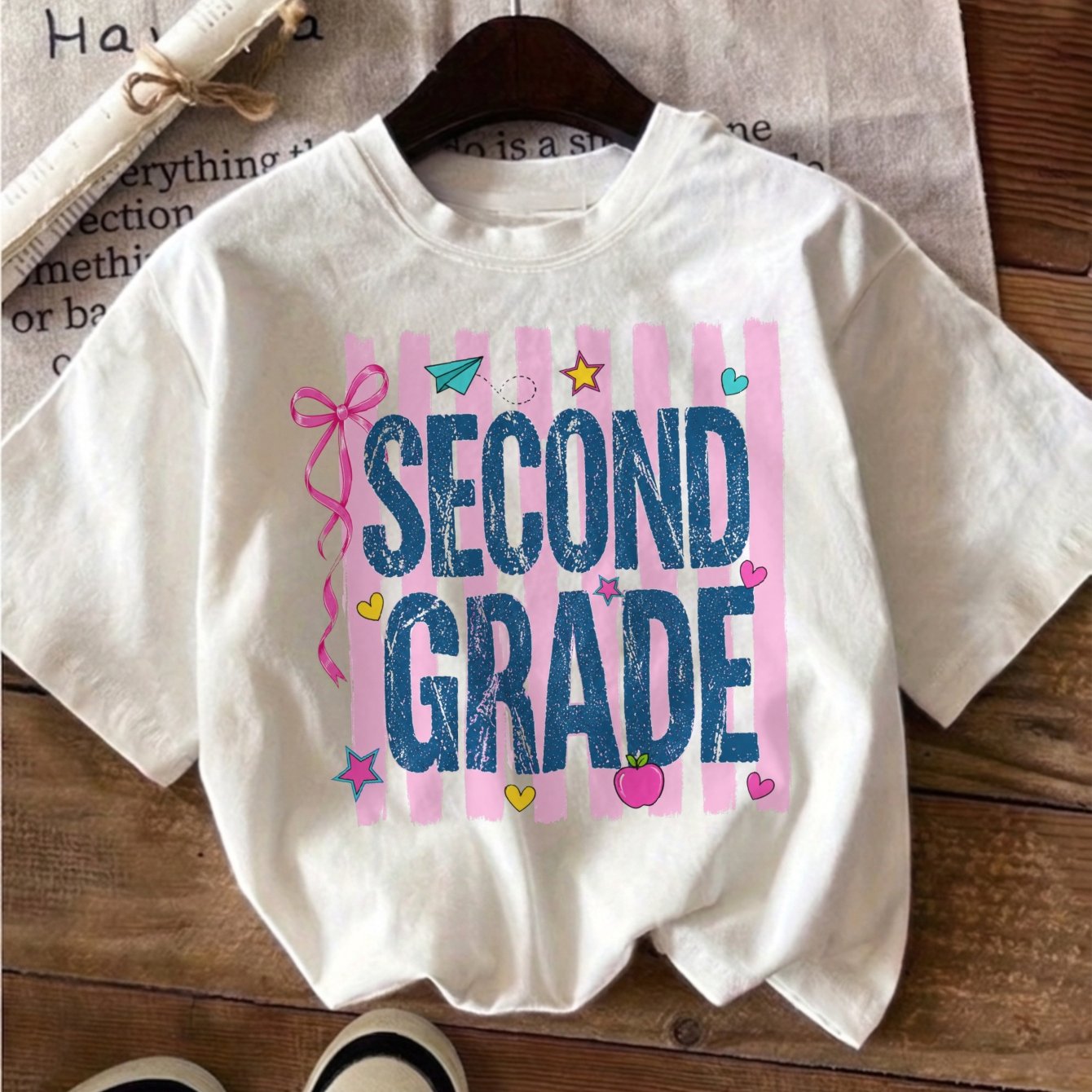 Girls T-shirt Second Grade Pink Stripes Stars Hearts Back To School Funny Printing T-shirt Breathable Graphic Tee Comfortable And Casual Round Neck Short Sleeved Perfect For School Outfit