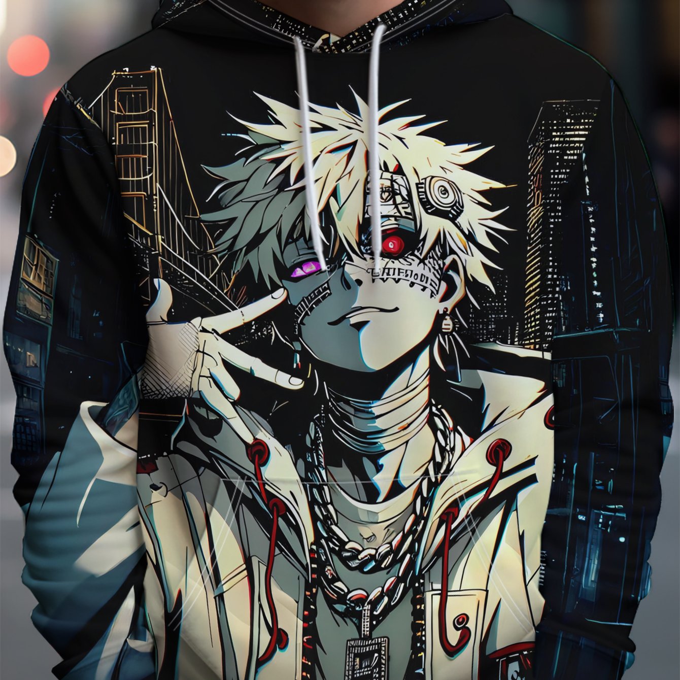 TEMU Sweat à capuche streetwear pour homme - Un homme aux cheveux et à l'hétérochromie faisant le geste de la "" sous les néon d'une ville. Plein de