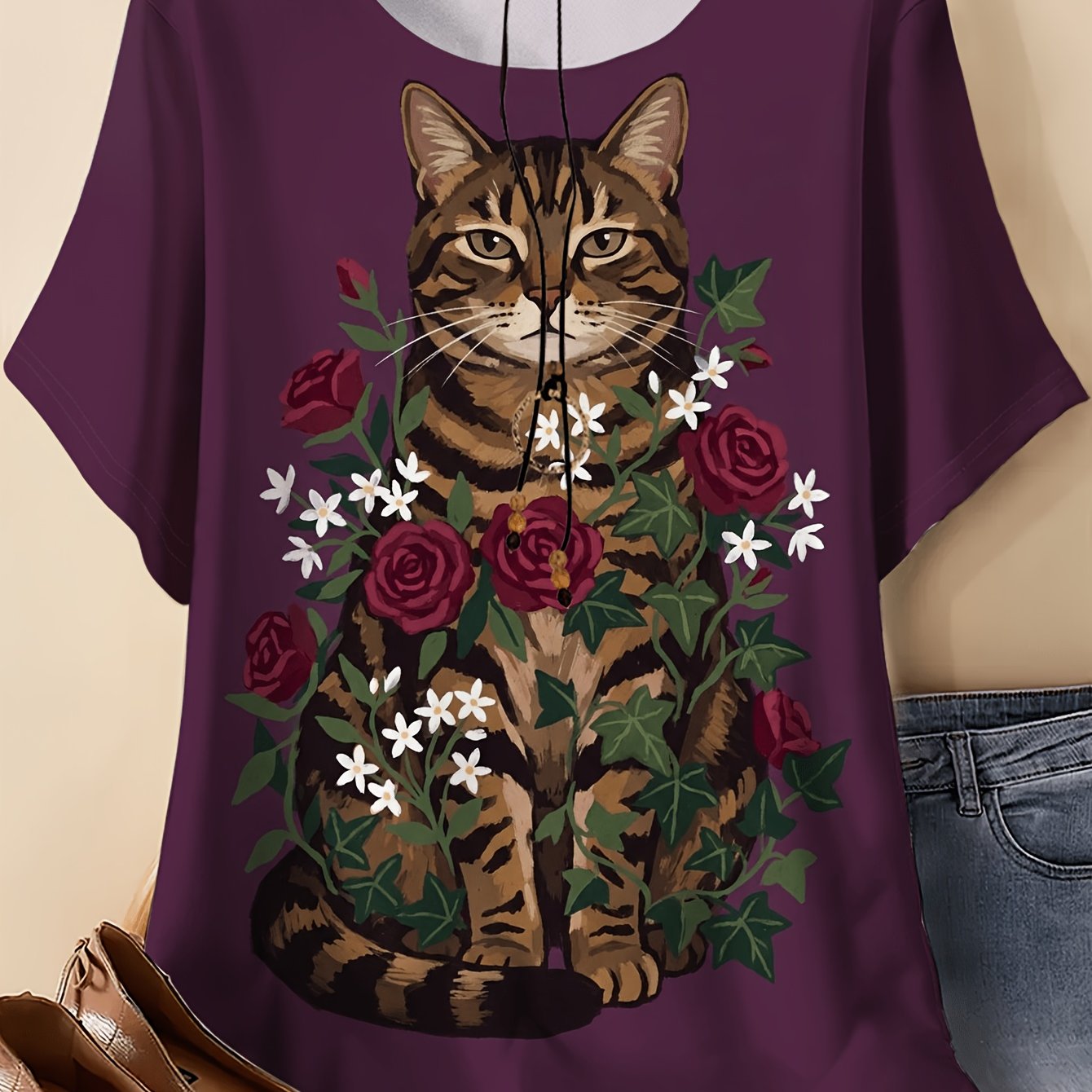 TEMU Plus Size - Women's Elegant Style Short Sleeve Cat Print Round Neck Top, Suitable For Spring Summer, Fashionable Vacation Daily All-match Top