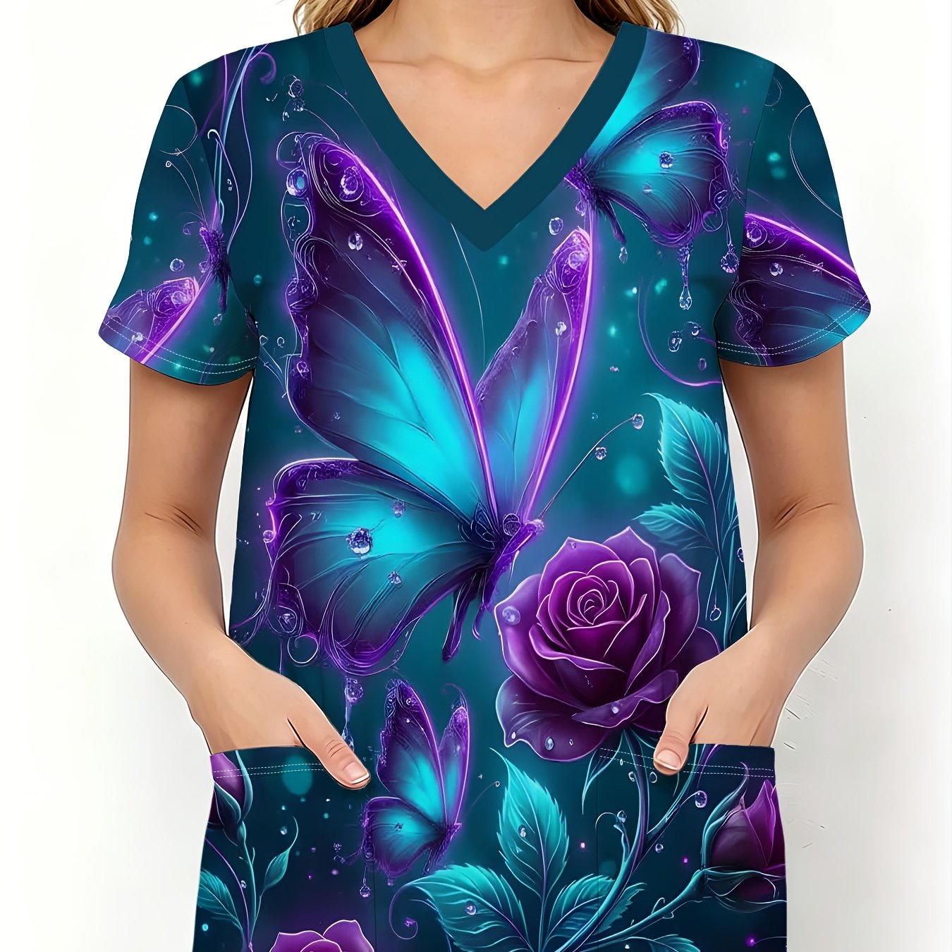 TEMU Haut pour femme à col en V, manches courtes et poche, adapté pour , l'été et . T-shirt tendance pour femme présente un imprimé délicat et de
