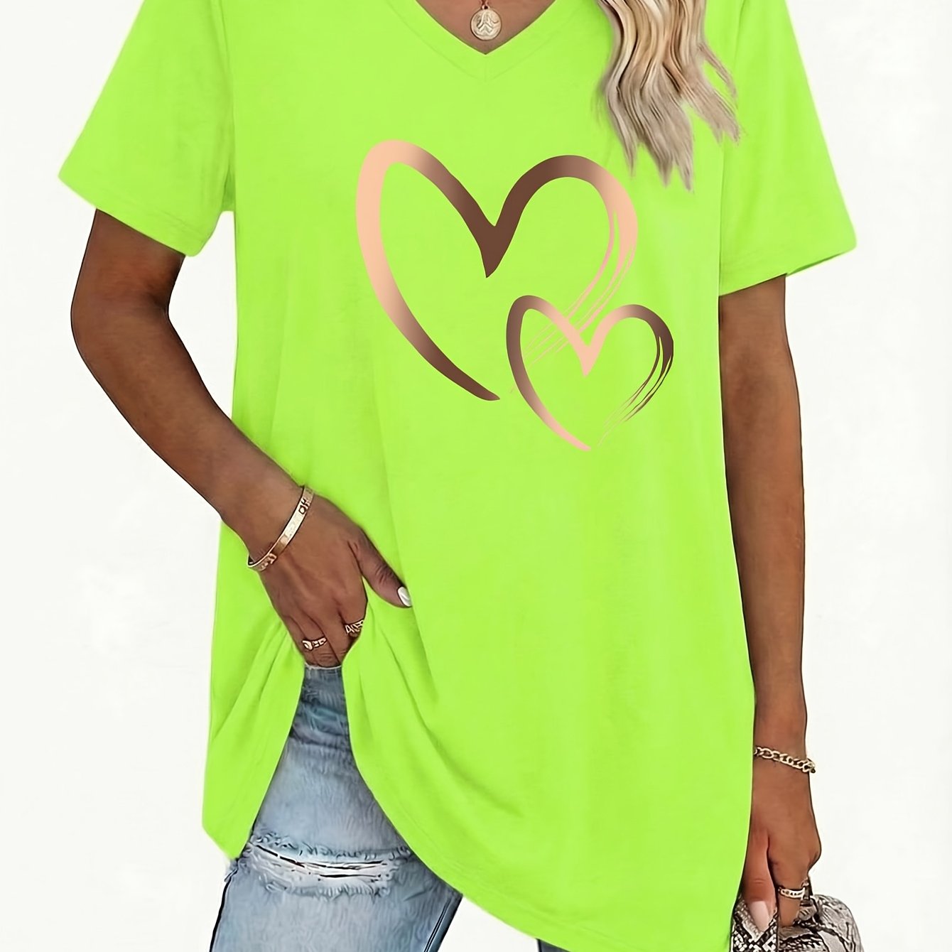 TEMU Plus Size - Plus Size - Plus Size Women's V-neck Solid Color Geometric Pattern T-shirt