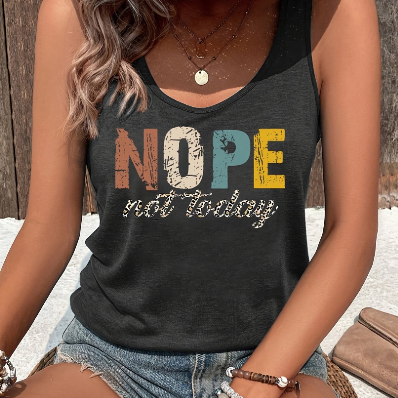 Women's Tank Top With Letter Print, Featuring A Design That Nope