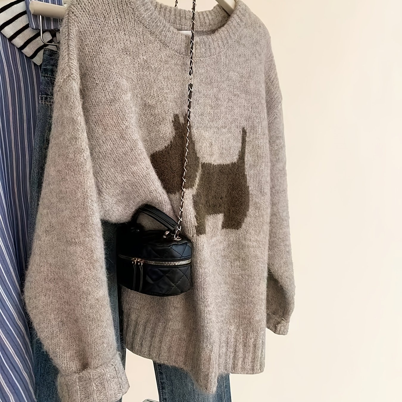 TEMU Retro Puppy Jacquard Sweater, Soft And Plush Loose Short Top
