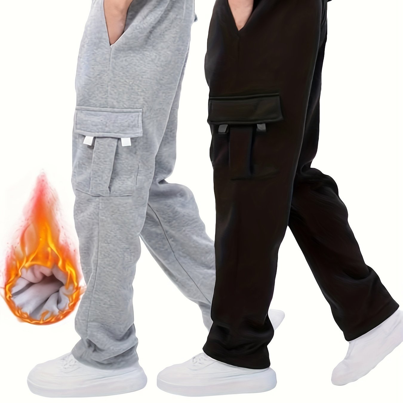 Image of 2pcs Set Boys' Casual Multi-pocket Cargo Pants, Fleece-lined Joggers, Casual Elastic Waist Trousers, Ideal For Outdoor Activities And Gifts, Autumn Essentials, Christmas, Halloween