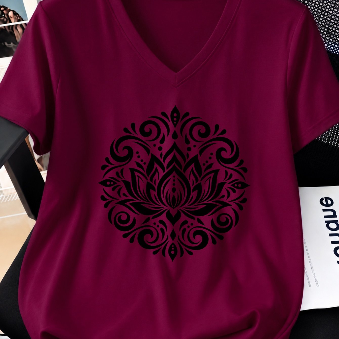 TEMU Plus Size, For Lotus Pattern Mandala Flower Print T-shirt, Plus Size Women's V-neck Short Sleeve Tee, Loose Fit Versatile Style, Casual And