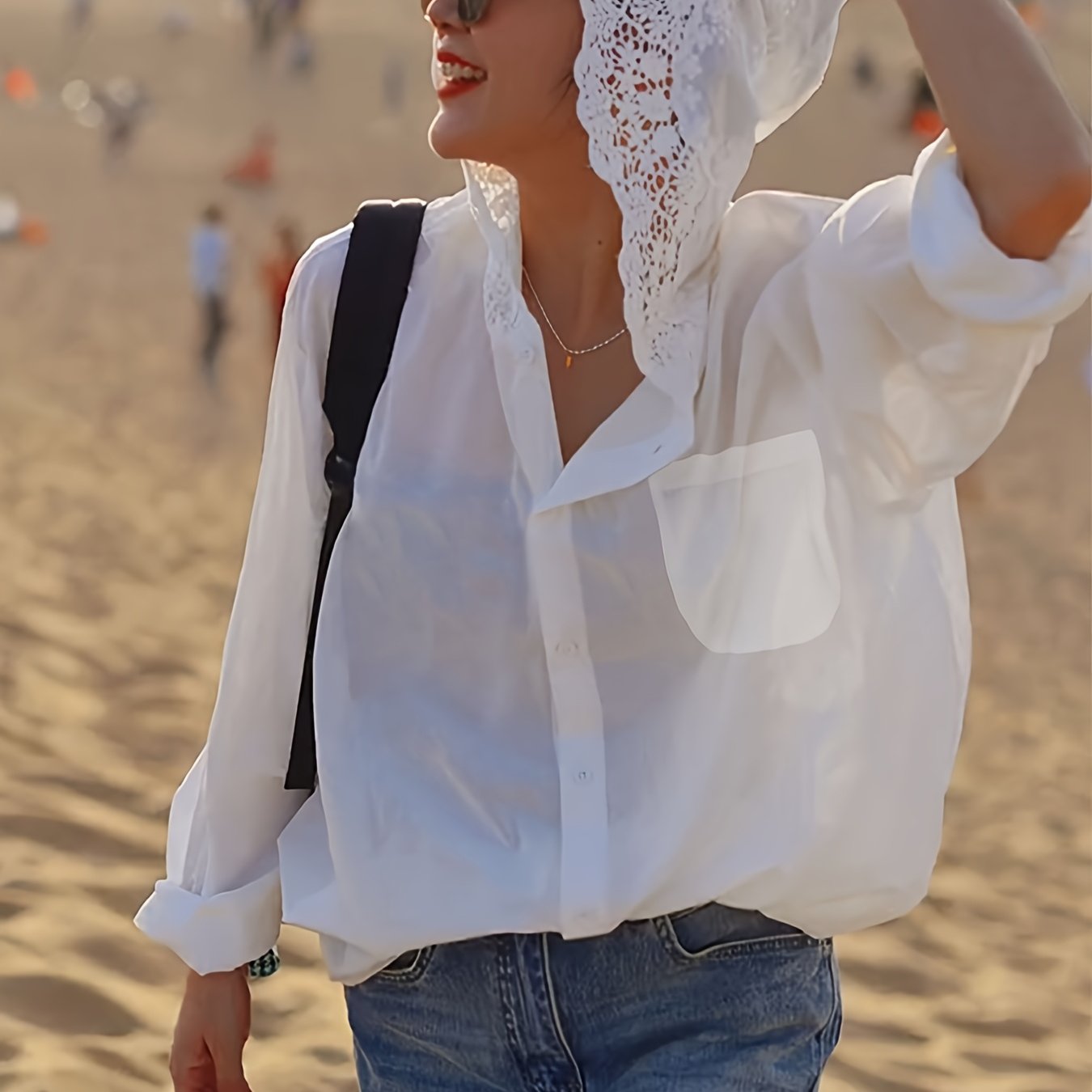 E-shop Plus Size - Plus Size - Didi Targeted Style Damenmode in großen Größen, einfarbig, Spitzen-Patchwork, Sonnenschutz, Langarmjacke