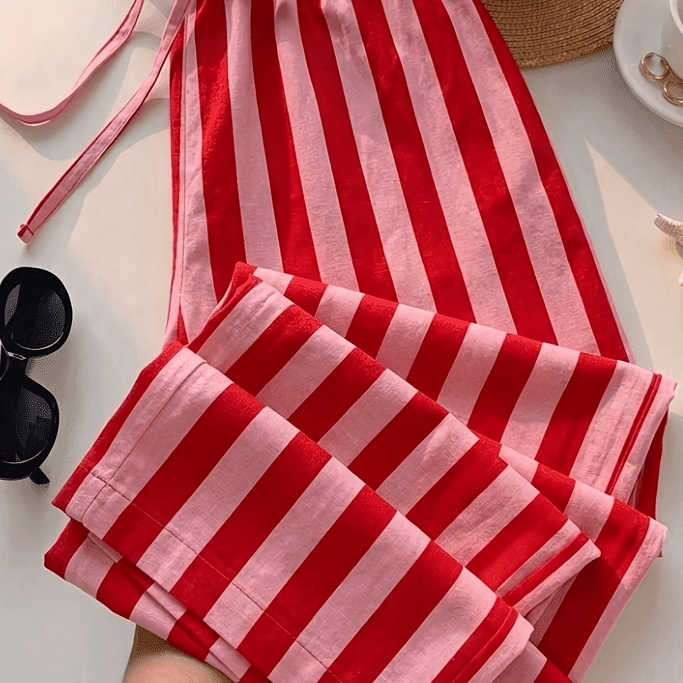 TEMU Women's Casual Striped Print Long Pants | Y2k Style, Loose Fit With Drawstring Detail, Suitable For