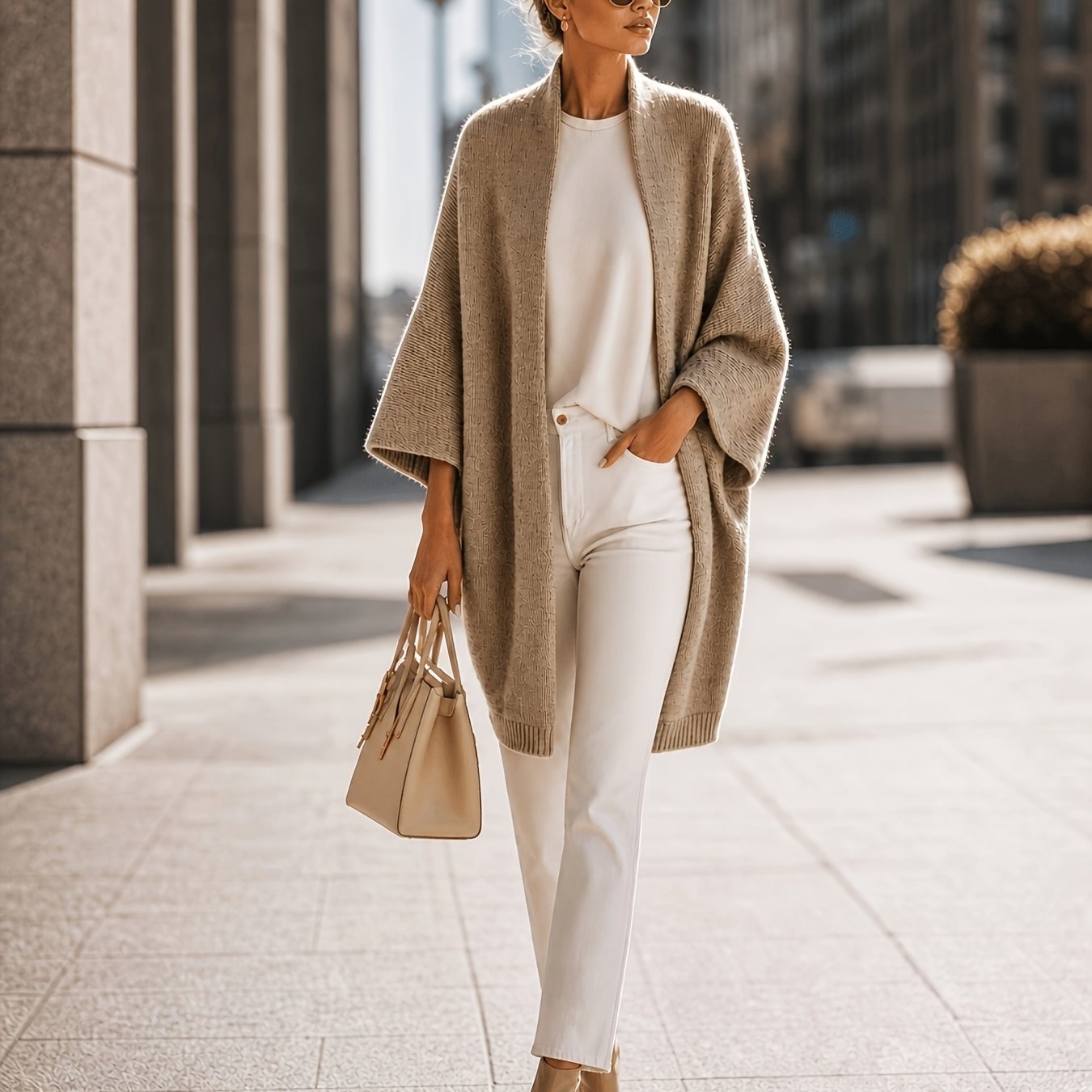 TEMU Women's Fashionable Elegant Texture Long Cardigan, Solid Color Front-open Three-quarter Wide Sleeve Sweater Jacket